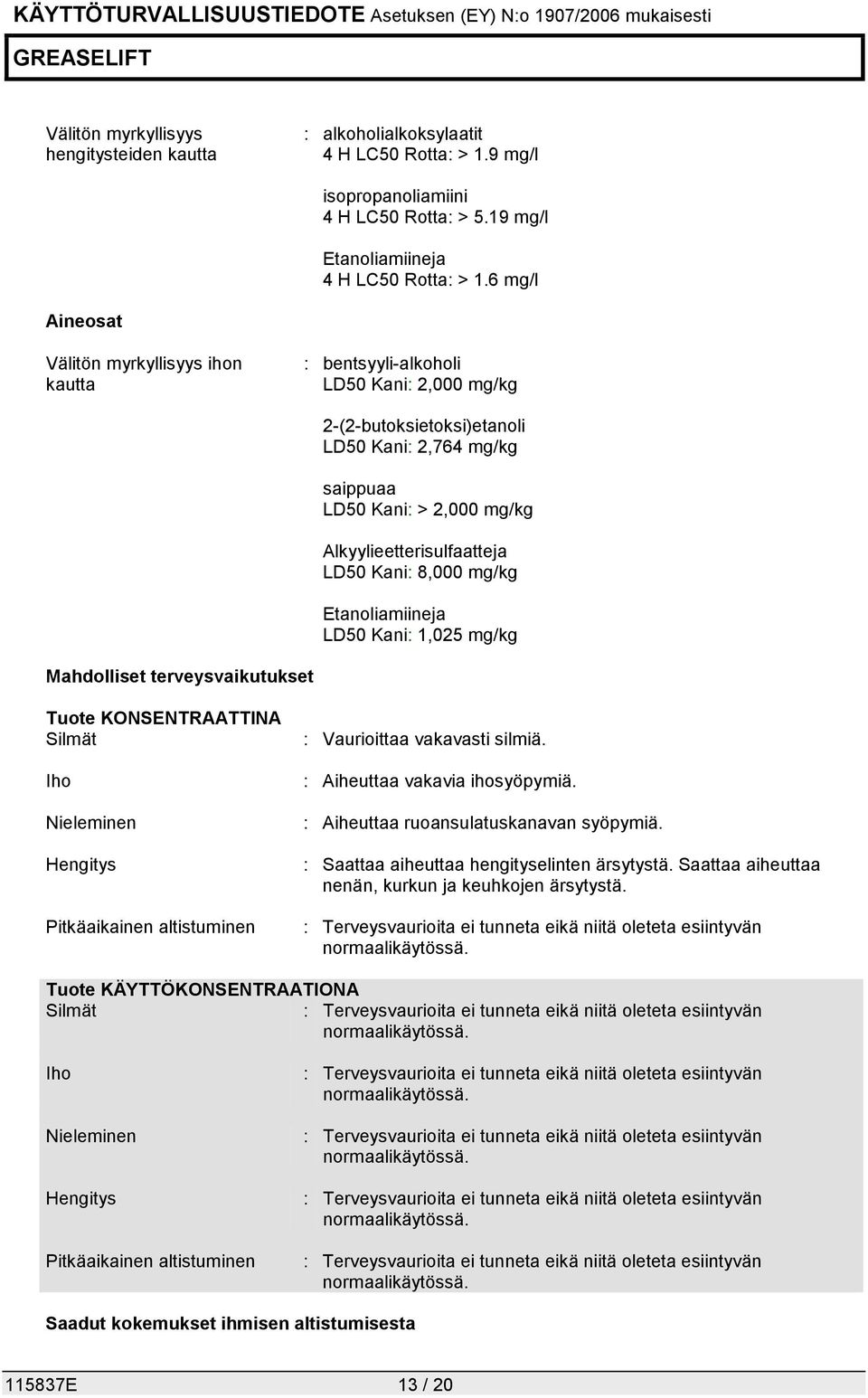 Alkyylieetterisulfaatteja LD50 Kani: 8,000 mg/kg LD50 Kani: 1,025 mg/kg Mahdolliset terveysvaikutukset Silmät Iho Nieleminen Hengitys Pitkäaikainen altistuminen : Vaurioittaa vakavasti silmiä.