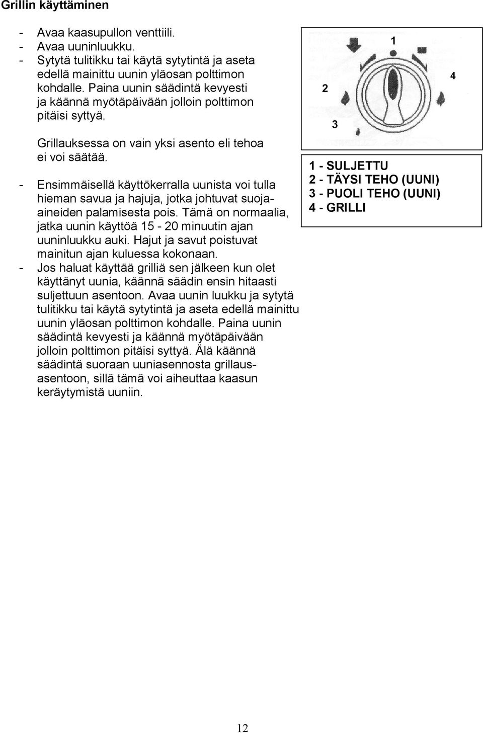 - Ensimmäisellä käyttökerralla uunista voi tulla hieman savua ja hajuja, jotka johtuvat suojaaineiden palamisesta pois. Tämä on normaalia, jatka uunin käyttöä 5-20 minuutin ajan uuninluukku auki.