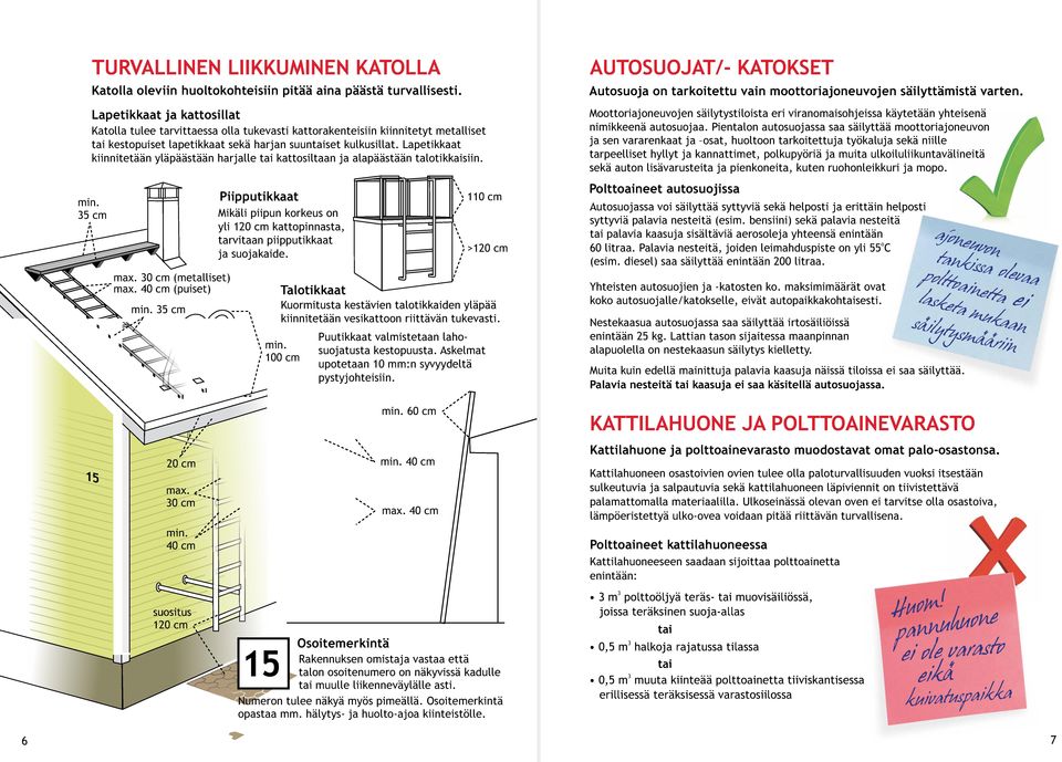 Lapetikkaat kiinnitetään yläpäästään harjalle tai kattosiltaan ja alapäästään talotikkaisiin. 35 cm max. 30 cm (metalliset) max.