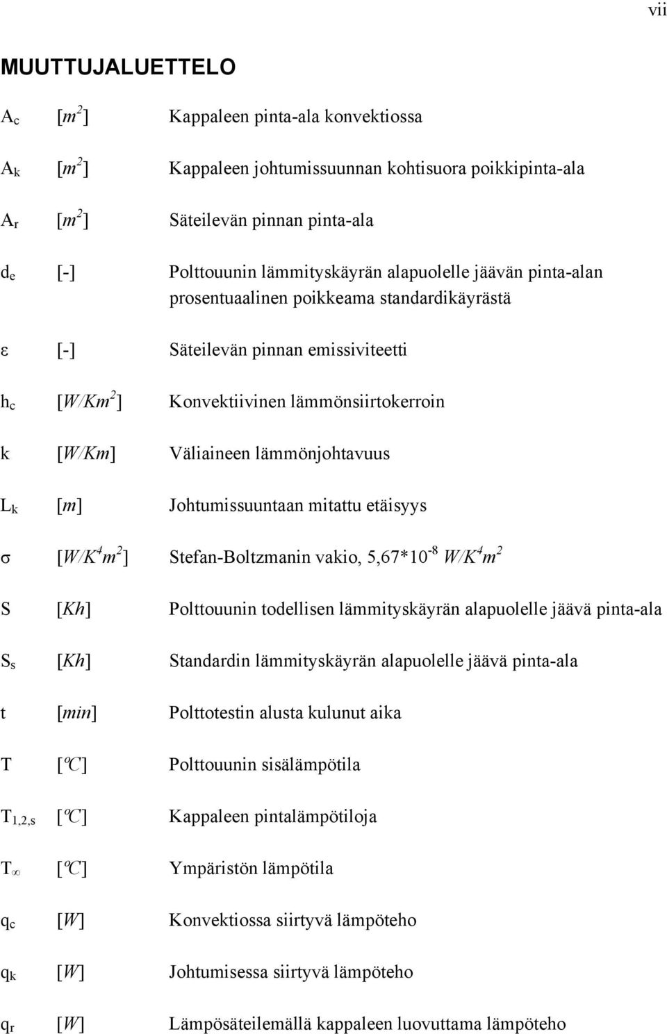 lämmönjohtavuus L k [m] Johtumissuuntaan mitattu etäisyys σ [W/K 4 m 2 ] Stefan-Boltzmanin vakio, 5,67*10-8 W/K 4 m 2 S [Kh] Polttouunin todellisen lämmityskäyrän alapuolelle jäävä pinta-ala S s [Kh]