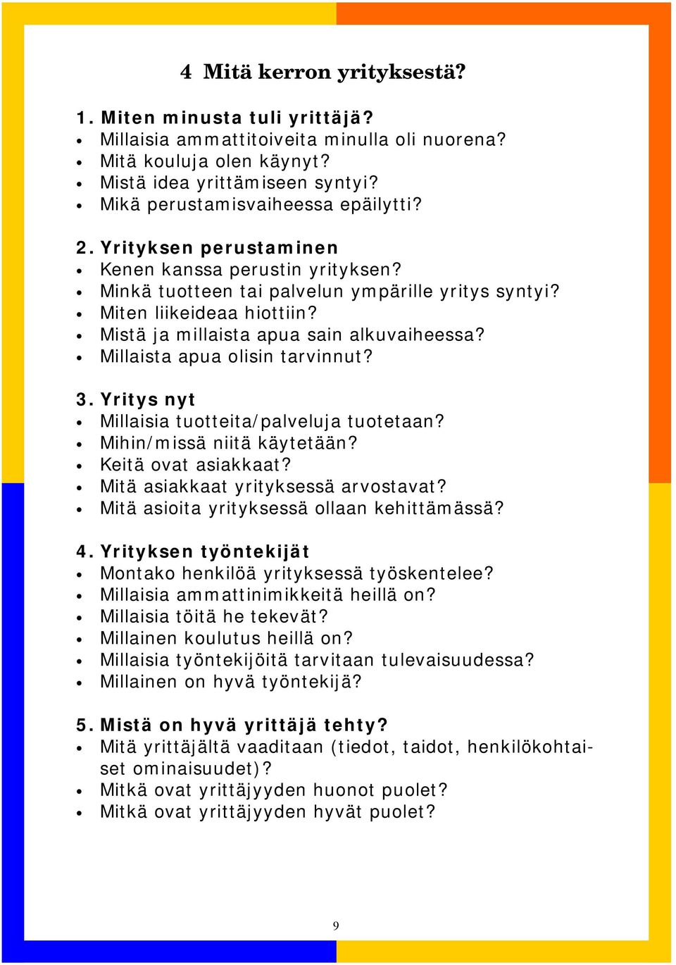 Millaista apua olisin tarvinnut? 3. Yritys nyt 4 Mitä kerron yrityksestä? Millaisia tuotteita/palveluja tuotetaan? Mihin/missä niitä käytetään? Keitä ovat asiakkaat?