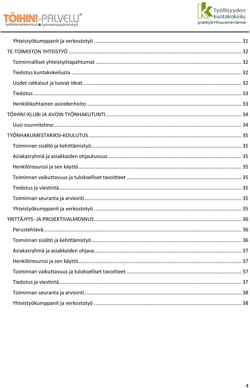 .. 35 Henkilöresurssi ja sen käyttö... 35 Toiminnan vaikuttavuus ja tulokselliset tavoitteet... 35 Tiedotus ja viestintä... 35 Toiminnan seuranta ja arviointi... 35 Yhteistyökumppanit ja verkostotyö.