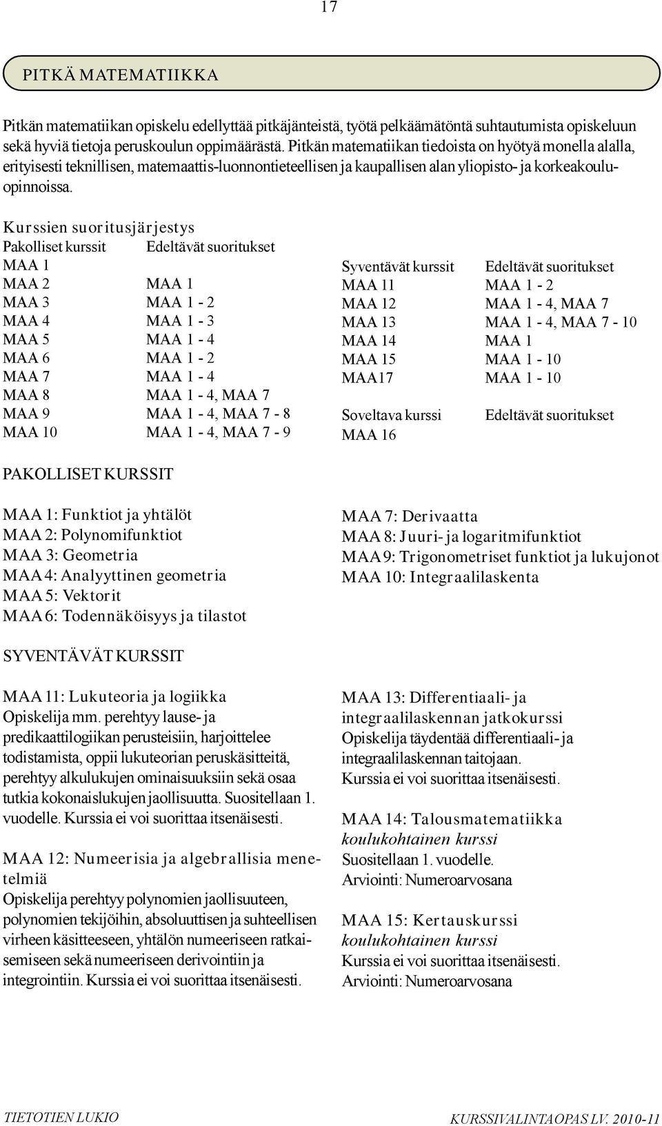 Kurssien suoritusjärjestys Pakolliset kurssit Edeltävät suoritukset MAA 1 MAA 2 MAA 1 MAA 3 MAA 1-2 MAA 4 MAA 1-3 MAA 5 MAA 1-4 MAA 6 MAA 1-2 MAA 7 MAA 1-4 MAA 8 MAA 1-4, MAA 7 MAA 9 MAA 1-4, MAA 7-8