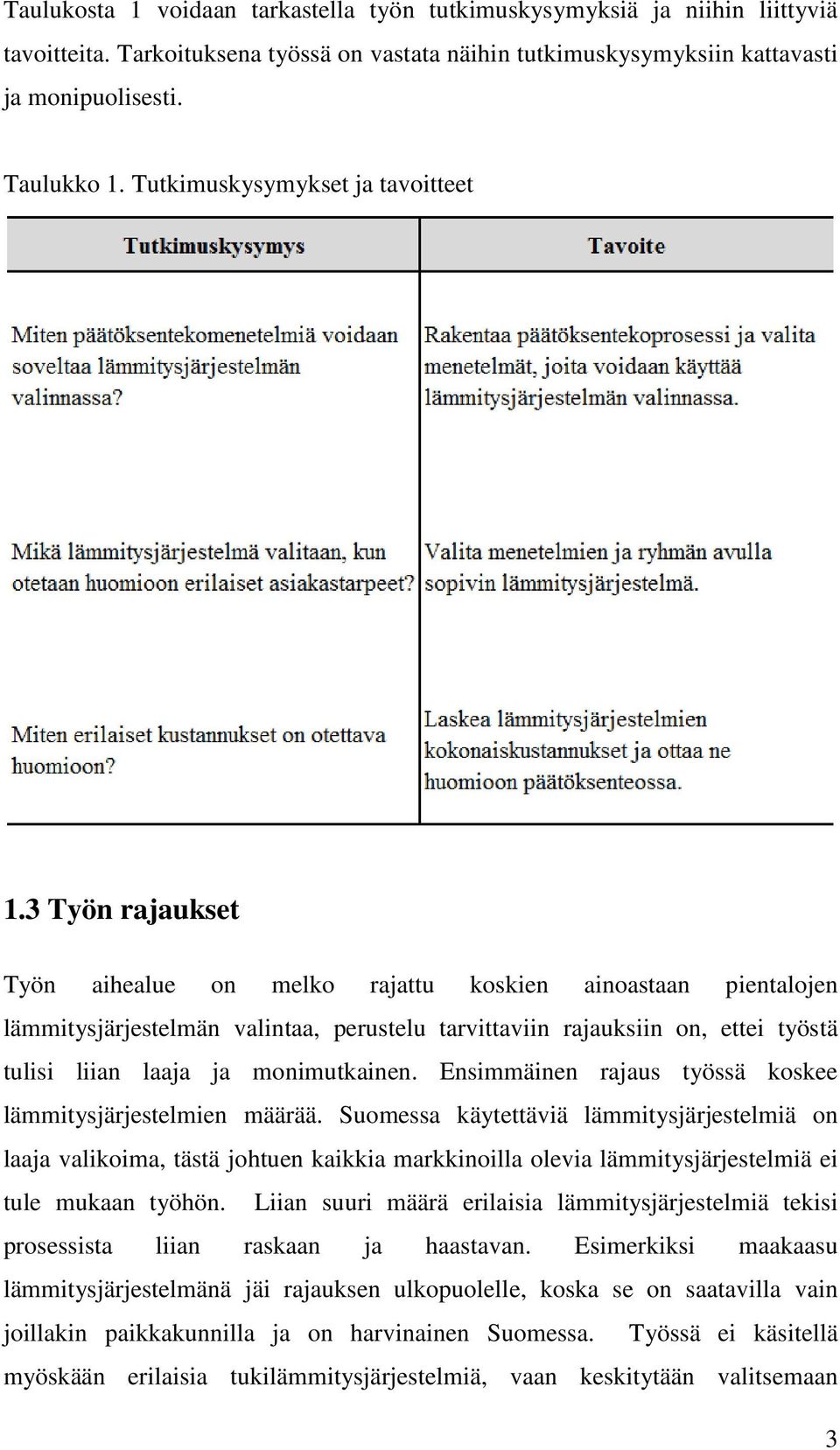 3 Työn rajaukset Työn aihealue on melko rajattu koskien ainoastaan pientalojen lämmitysjärjestelmän valintaa, perustelu tarvittaviin rajauksiin on, ettei työstä tulisi liian laaja ja monimutkainen.