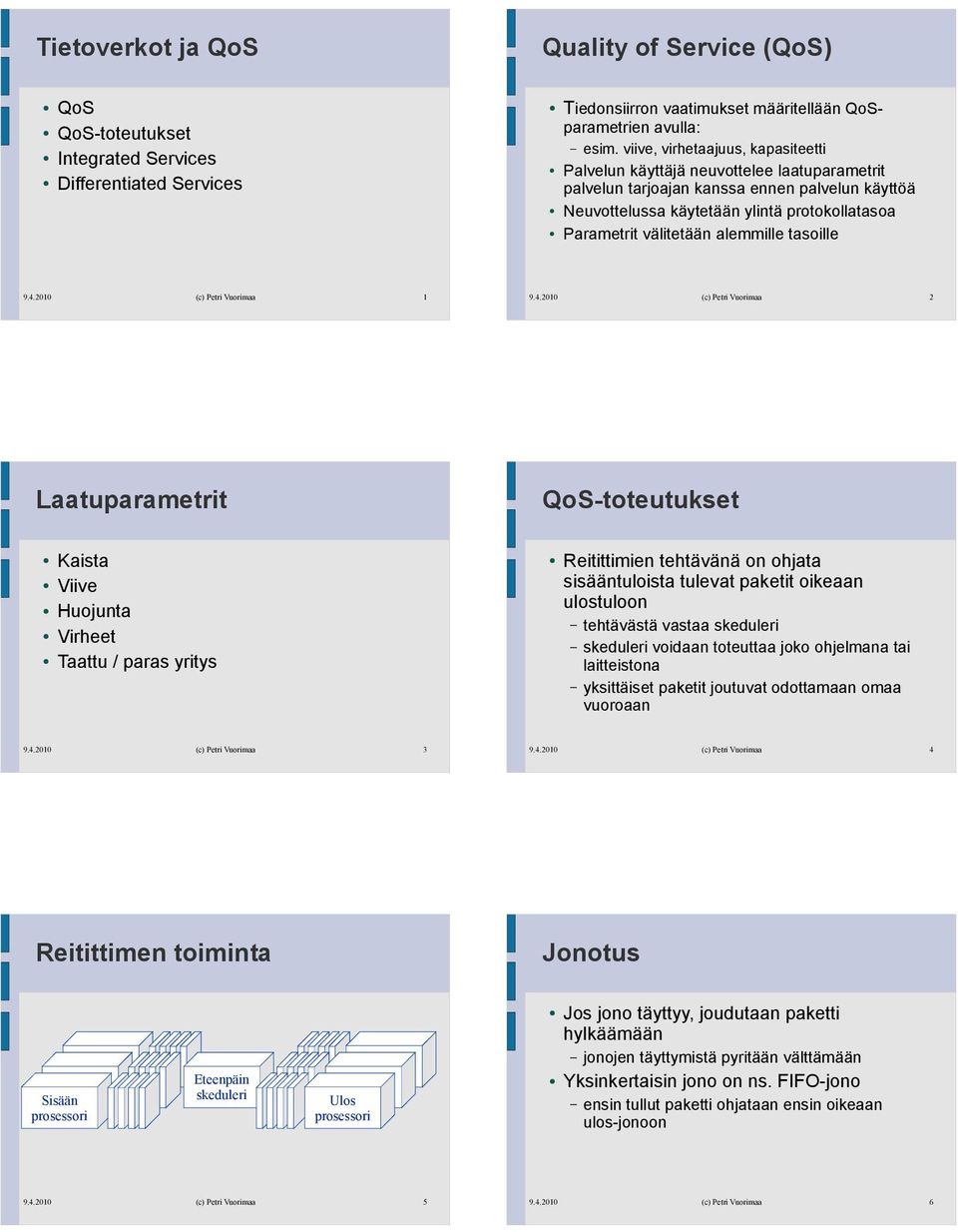 alemmille tasoille 1 2 Laatuparametrit QoS-toteutukset Kaista Viive Huojunta Virheet Taattu / paras yritys Reitittimien tehtävänä on ohjata sisääntuloista tulevat paketit oikeaan ulostuloon