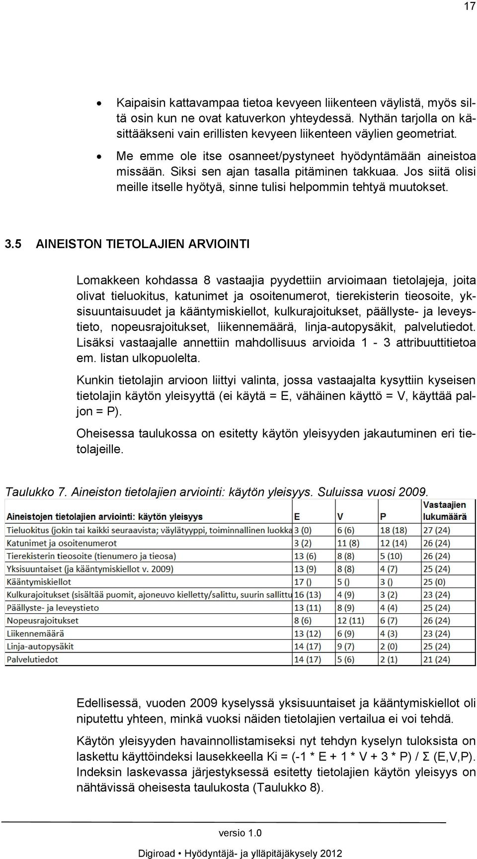 5 AINEISTON TIETOLAJIEN ARVIOINTI Lomakkeen kohdassa 8 vastaajia pyydettiin arvioimaan tietolajeja, joita olivat tieluokitus, katunimet ja osoitenumerot, tierekisterin tieosoite, yksisuuntaisuudet ja