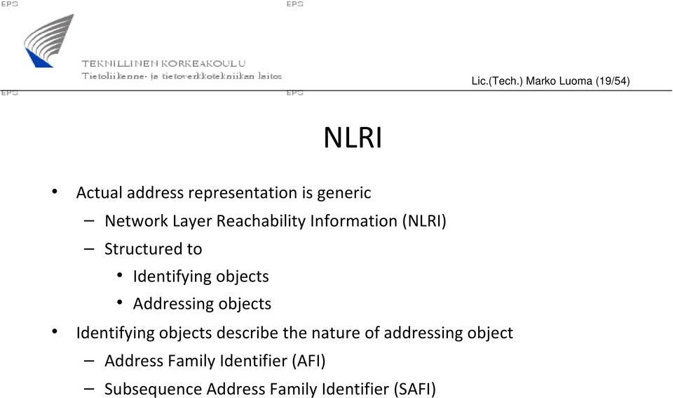 Layer Reachability Information (NLRI) Structured to Identifying objects