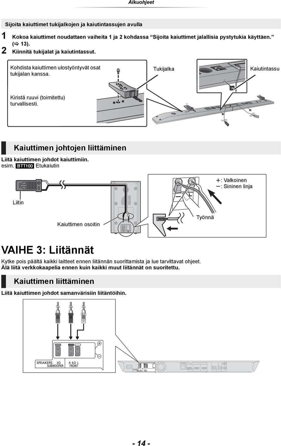 Kaiuttimen johtojen liittäminen Liitä kaiuttimen johdot kaiuttimiin. esim.