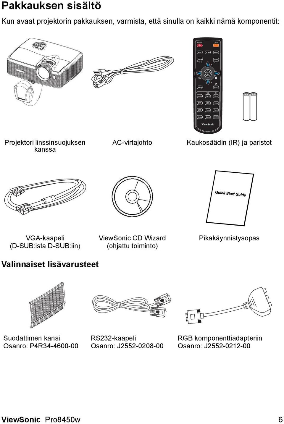 D-SUB:iin) ViewSonic CD Wizard (ohjattu toiminto) Pikakäynnistysopas Valinnaiset lisävarusteet Suodattimen