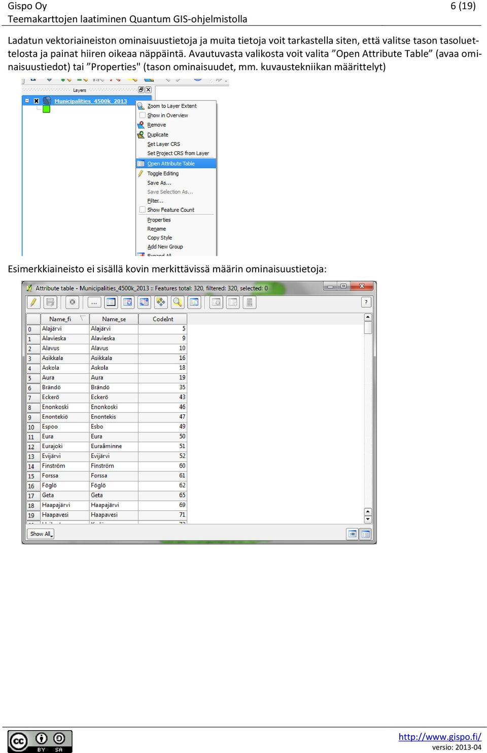 Avautuvasta valikosta voit valita Open Attribute Table (avaa ominaisuustiedot) tai Properties"