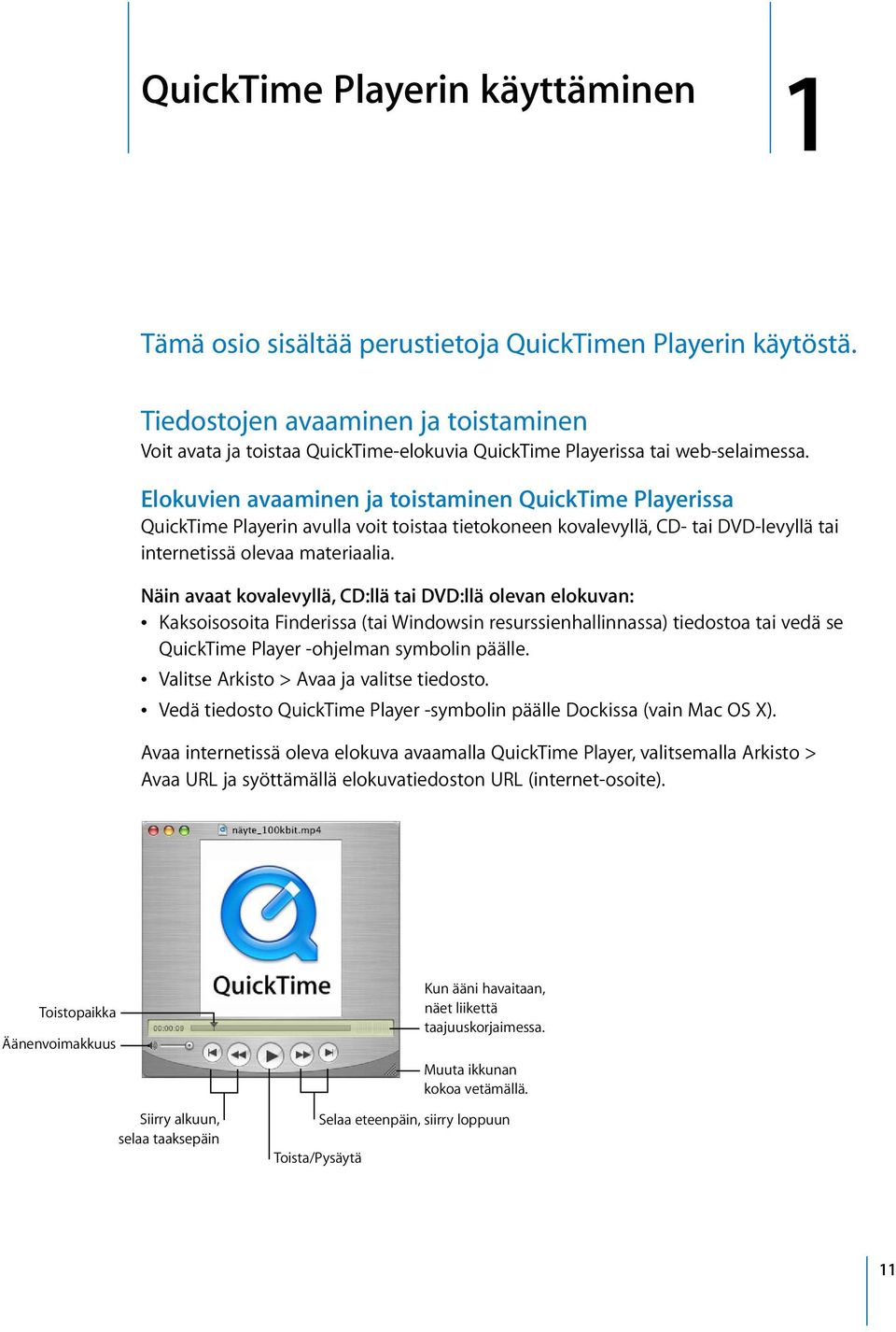 Elokuvien avaaminen ja toistaminen QuickTime Playerissa QuickTime Playerin avulla voit toistaa tietokoneen kovalevyllä, CD- tai DVD-levyllä tai internetissä olevaa materiaalia.