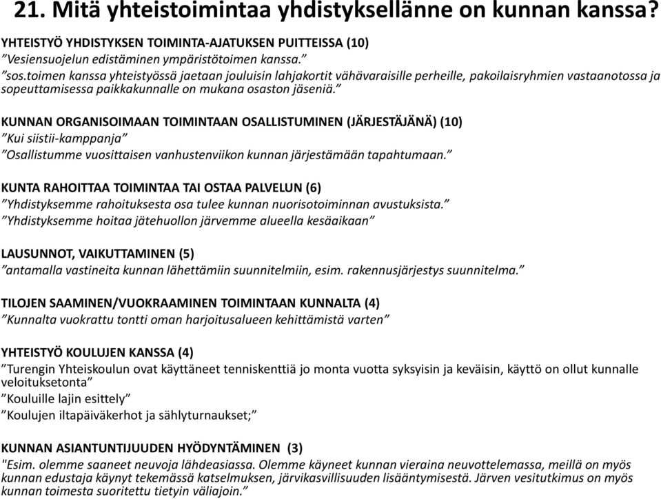 KUNNAN ORGANISOIMAAN TOIMINTAAN OSALLISTUMINEN (JÄRJESTÄJÄNÄ) (10) Kui siistii-kamppanja Osallistumme vuosittaisen vanhustenviikon kunnan järjestämään tapahtumaan.