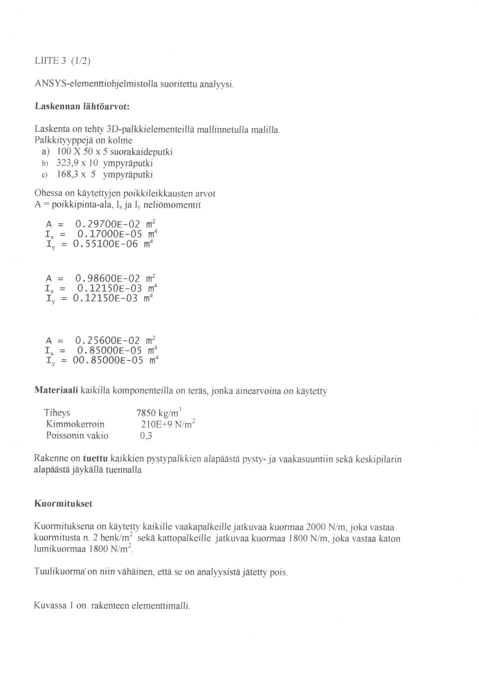 kåwet)'jen poikkileikkausten arvot A: poikkipinia-ala,i* ja I-" neliömomentit A = 0.297AAe-02 mz r" = 0.17000E-05 rn" ry = 0.55100E-06 mu A-- Trx- T4y- 0.98600e-02 m' 0. l-2l50e-03 mu 0.