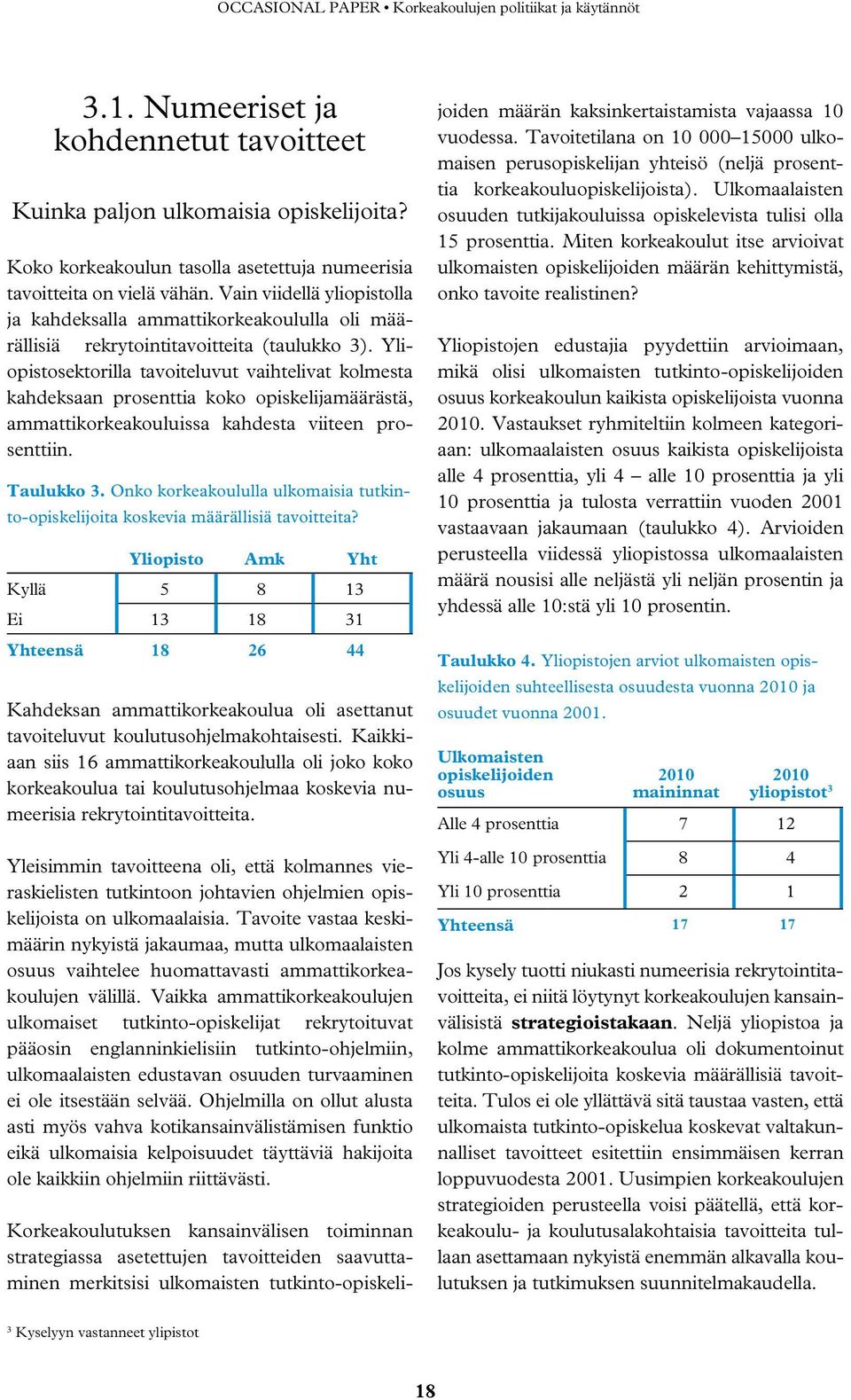 Yliopistosektorilla tavoiteluvut vaihtelivat kolmesta kahdeksaan prosenttia koko opiskelijamäärästä, ammattikorkeakouluissa kahdesta viiteen prosenttiin. Taulukko 3.