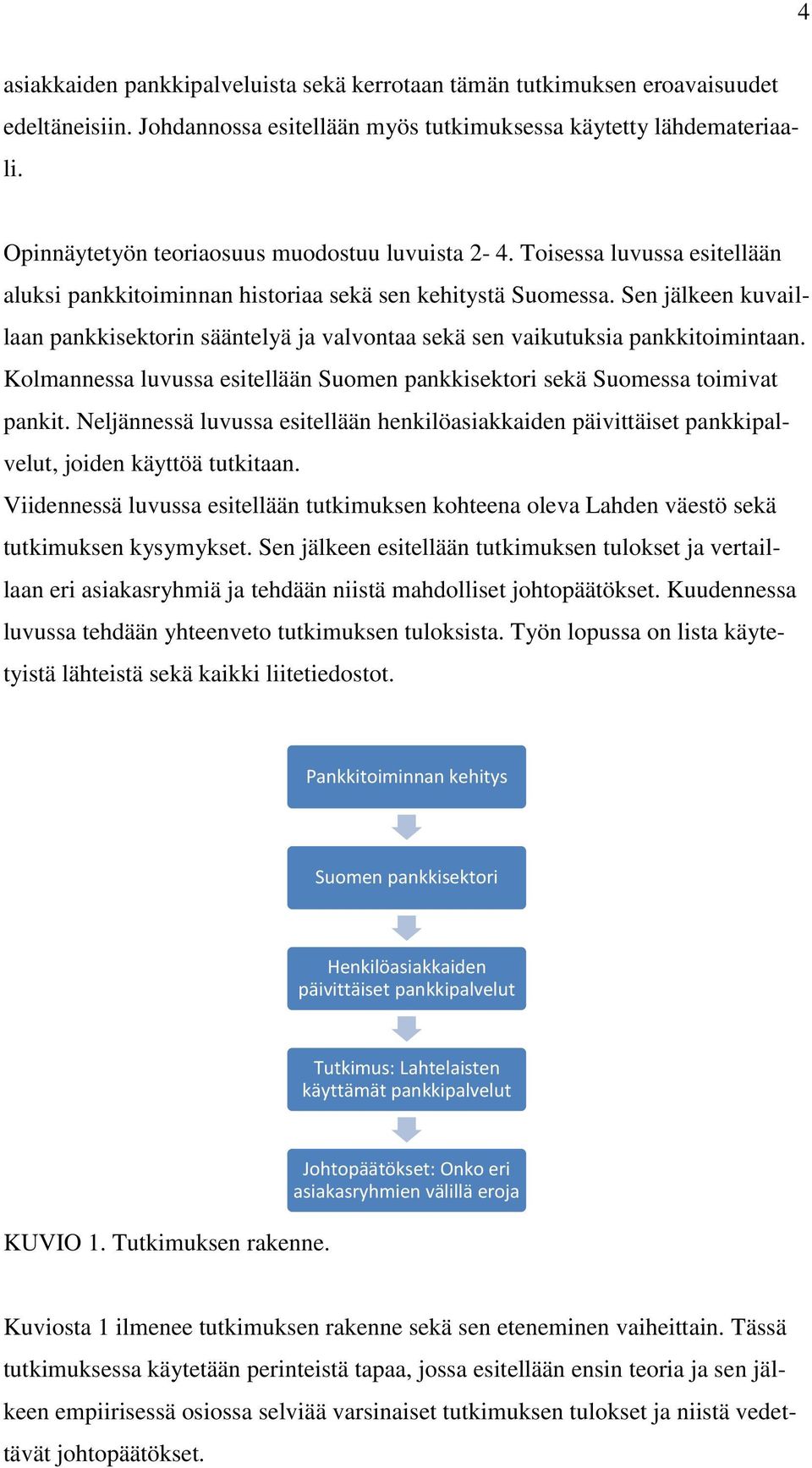 Sen jälkeen kuvaillaan pankkisektorin sääntelyä ja valvontaa sekä sen vaikutuksia pankkitoimintaan. Kolmannessa luvussa esitellään Suomen pankkisektori sekä Suomessa toimivat pankit.