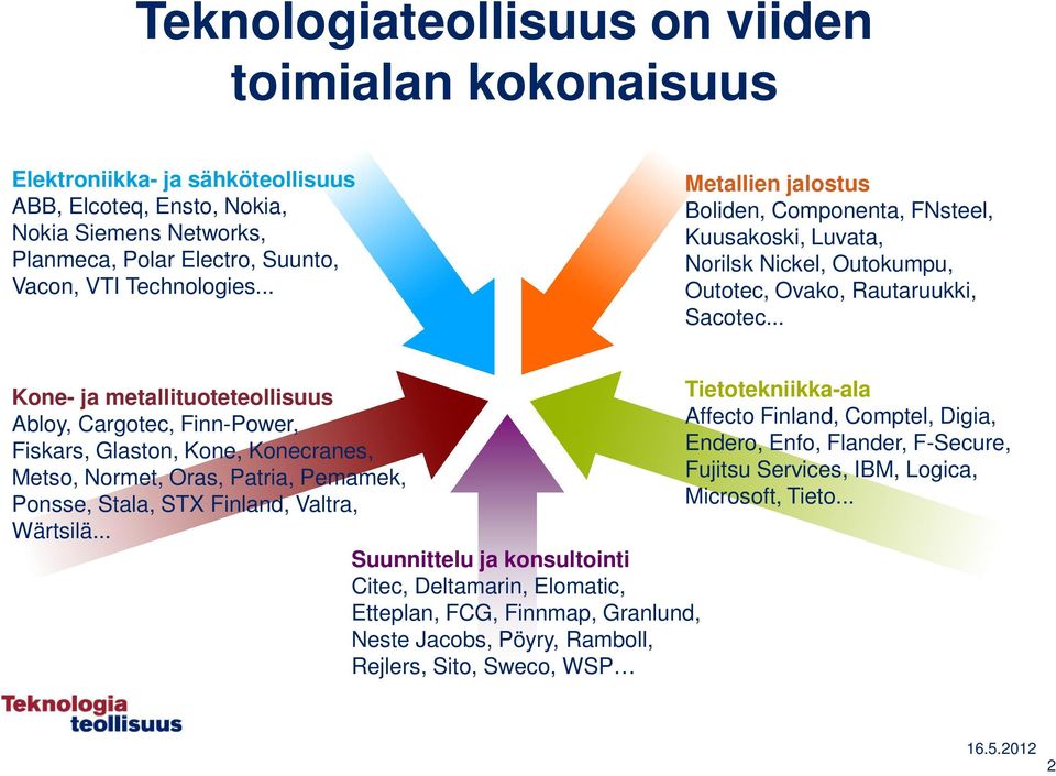 .. Kone- ja metallituoteteollisuus Abloy, Cargotec, Finn-Power, Fiskars, Glaston, Kone, Konecranes, Metso, Normet, Oras, Patria, Pemamek, Ponsse, Stala, STX Finland, Valtra, Wärtsilä.