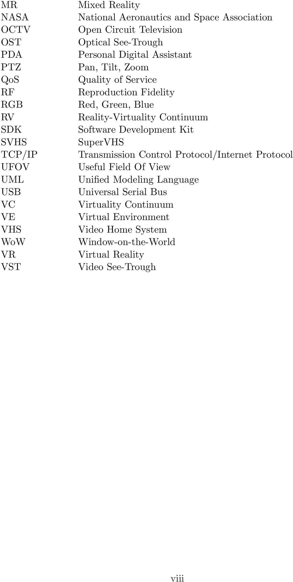 Reality-Virtuality Continuum Software Development Kit SuperVHS Transmission Control Protocol/Internet Protocol Useful Field Of View Unified