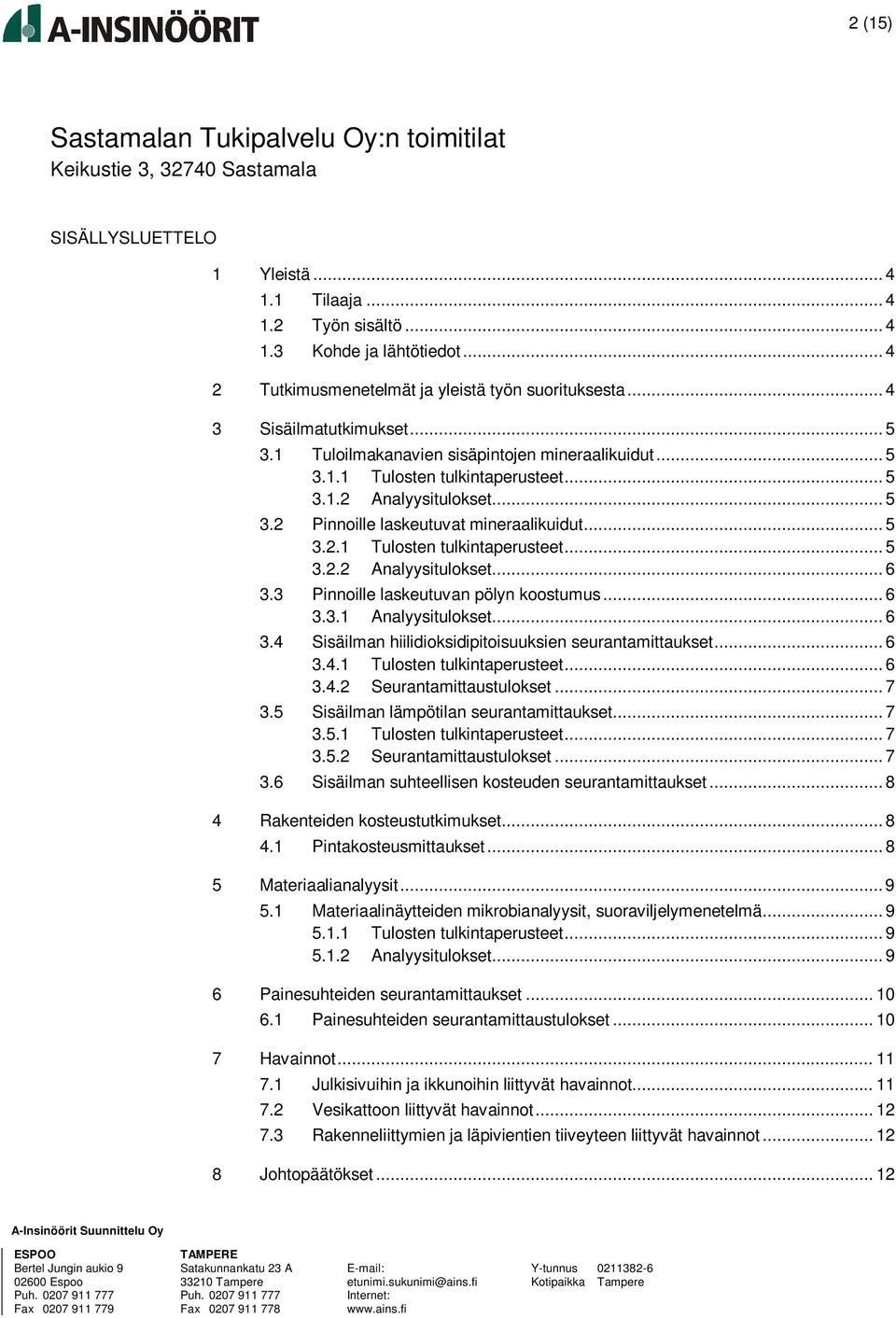 .. 5 3.2 Pinnoille laskeutuvat mineraalikuidut... 5 3.2.1 Tulosten tulkintaperusteet... 5 3.2.2 Analyysitulokset... 6 3.3 Pinnoille laskeutuvan pölyn koostumus... 6 3.3.1 Analyysitulokset... 6 3.4 Sisäilman hiilidioksidipitoisuuksien seurantamittaukset.