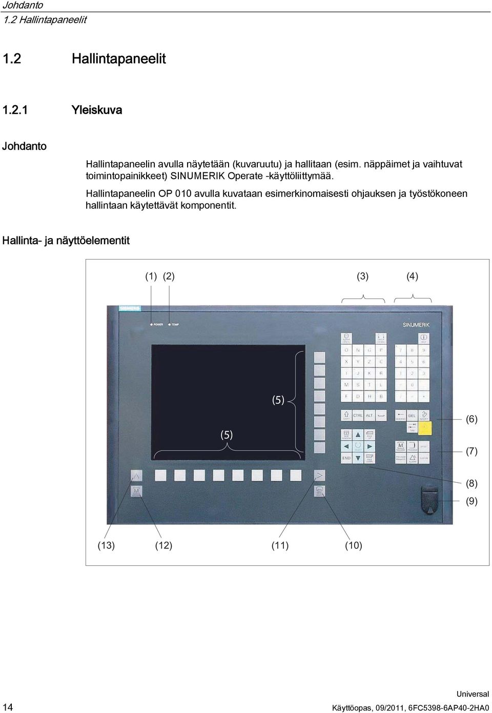 Hallintapaneelin OP 010 avulla kuvataan esimerkinomaisesti ohjauksen ja työstökoneen hallintaan