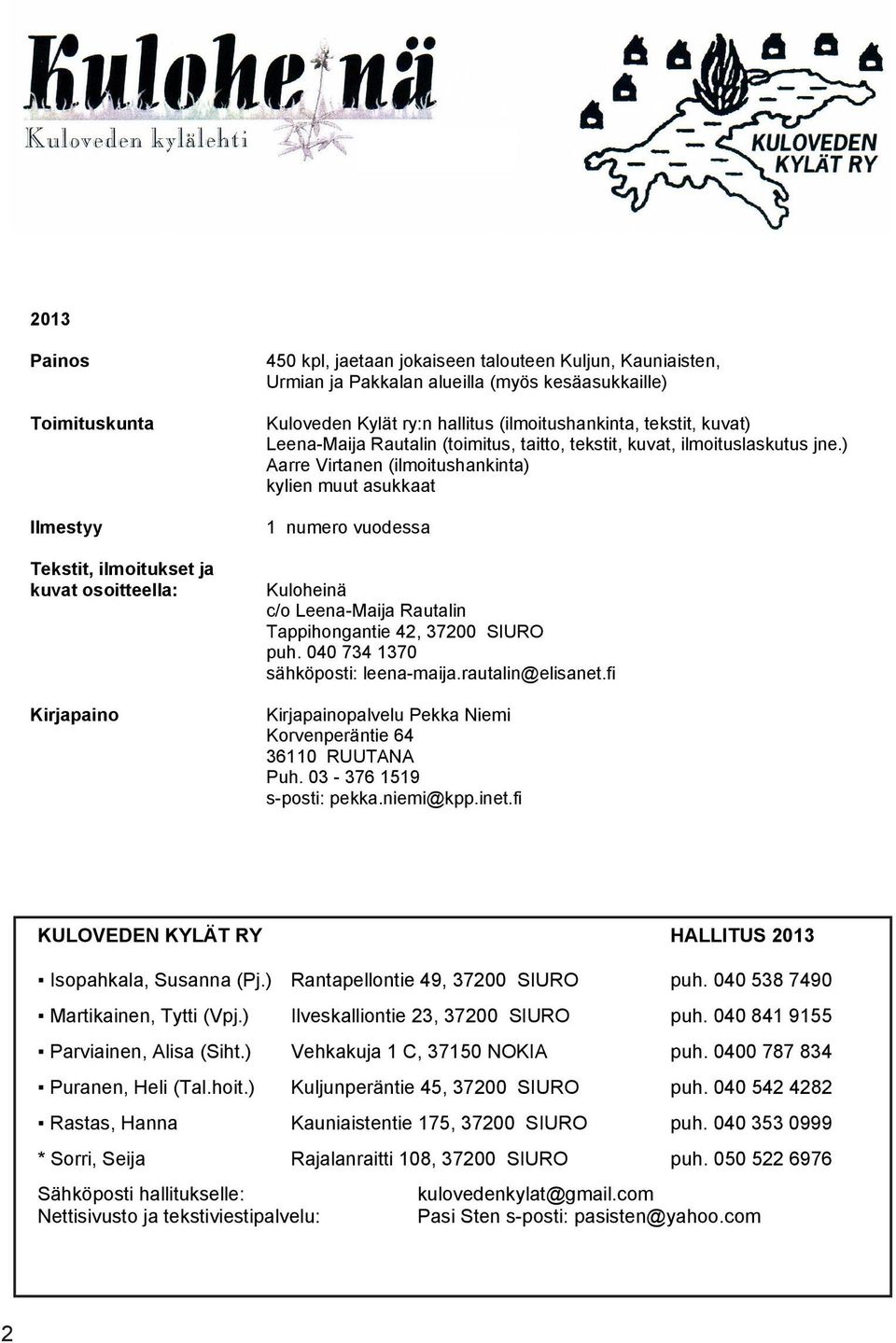 ) Aarre Virtanen (ilmoitushankinta) kylien muut asukkaat 1 numero vuodessa Kuloheinä c/o Leena-Maija Rautalin Tappihongantie 42, 37200 SIURO puh. 040 734 1370 sähköposti: leena-maija.
