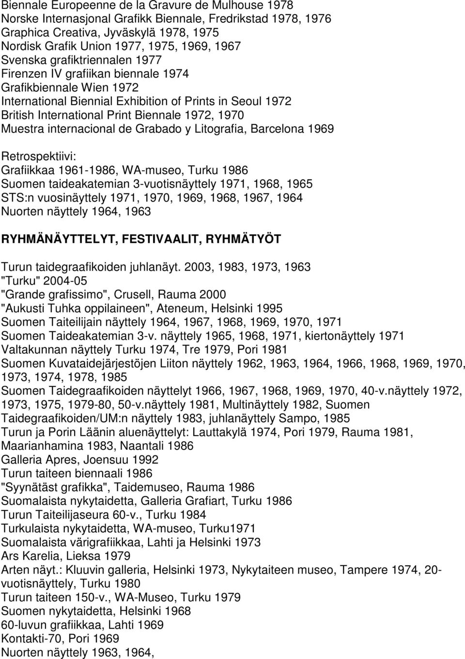 y Litografia, Barcelona 1969 Retrospektiivi: Grafiikkaa 1961-1986, WA-museo, Turku 1986 Suomen taideakatemian 3-vuotisnäyttely 1971, 1968, 1965 STS:n vuosinäyttely 1971, 1970, 1969, 1968, 1967, 1964