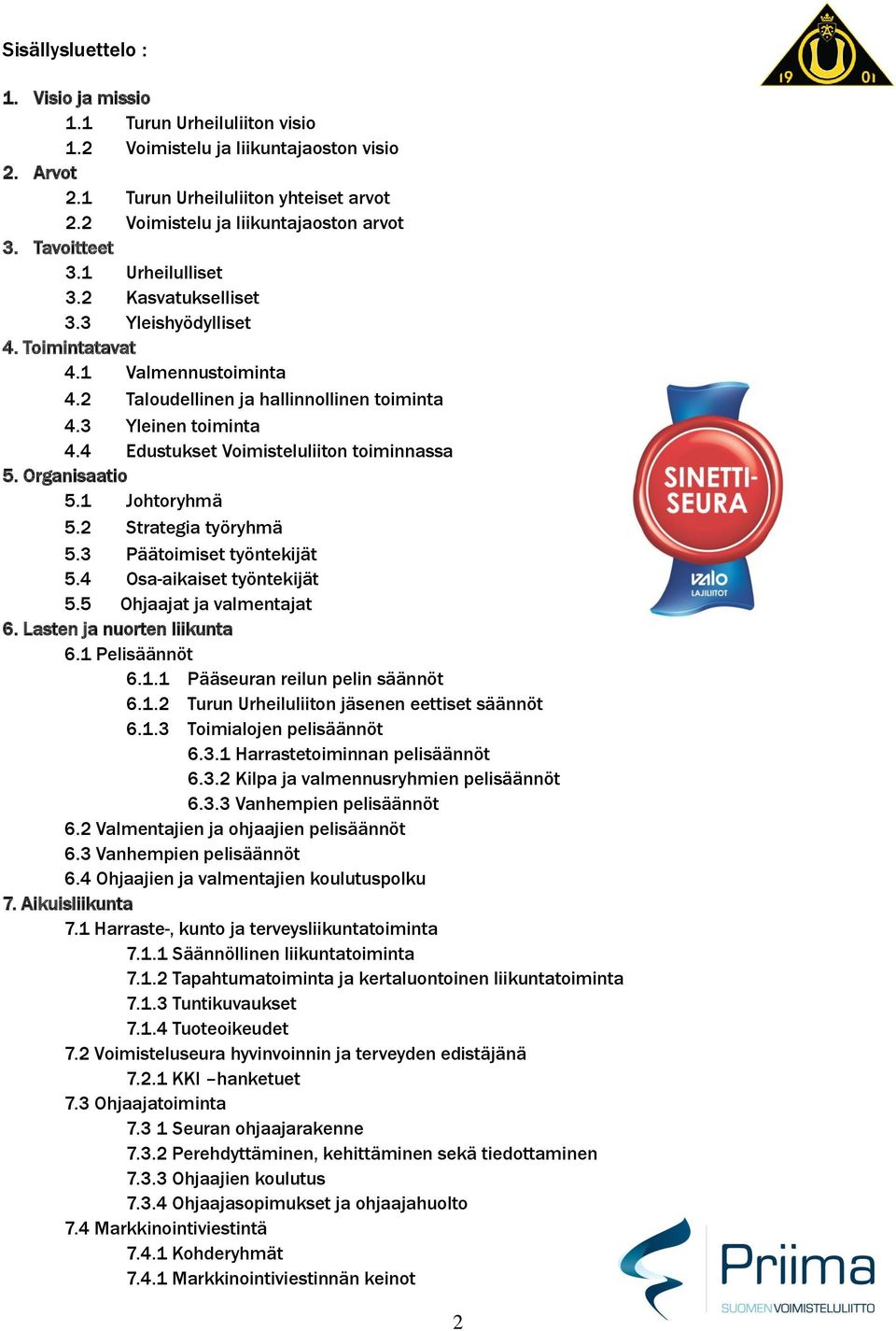 4 Edustukset Voimisteluliiton toiminnassa 5. Organisaatio 5.1 Johtoryhmä 5.2 Strategia työryhmä 5.3 Päätoimiset työntekijät 5.4 Osa-aikaiset työntekijät 5.5 Ohjaajat ja valmentajat 6.