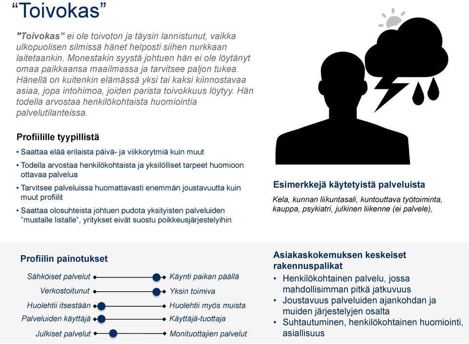 Hänellä on kuitenkin elämässä yksi tai kaksi kiinnostavaa asiaa, jopa intohimoa, joiden parista toivokkuus löytyy. Hän todella arvostaa henkilökohtaista huomiointia palvelutilanteissa.