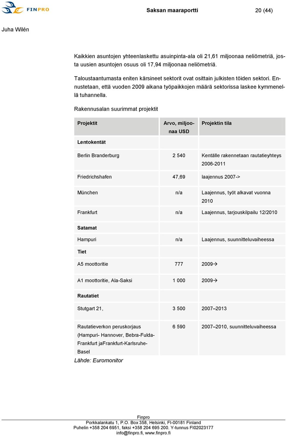 Rakennusalan suurimmat projektit Projektit Lentokentät Arvo, miljoonaa USD Projektin tila Berlin Branderburg 2 540 Kentälle rakennetaan rautatieyhteys 2006-2011 Friedrichshafen 47,69 laajennus 2007->