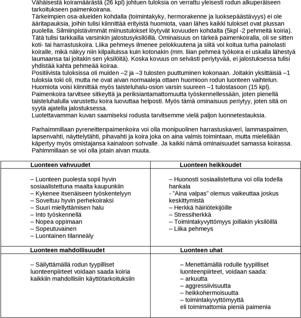 Silmiinpistävimmät miinustulokset löytyvät kovuuden kohdalta (kpl - pehmeitä koiria). Tätä tulisi tarkkailla varsinkin jalostusyksilöillä.