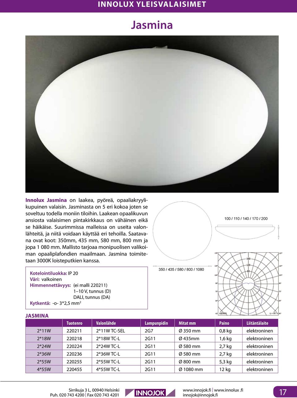 Saatavana ovat koot: 350mm, 435 mm, 580 mm, 800 mm ja jopa 1 080 mm. Mallisto tarjoaa monipuolisen valikoiman opaaliplafondien maailmaan. Jasmina toimitetaan 3000K loisteputkien kanssa.