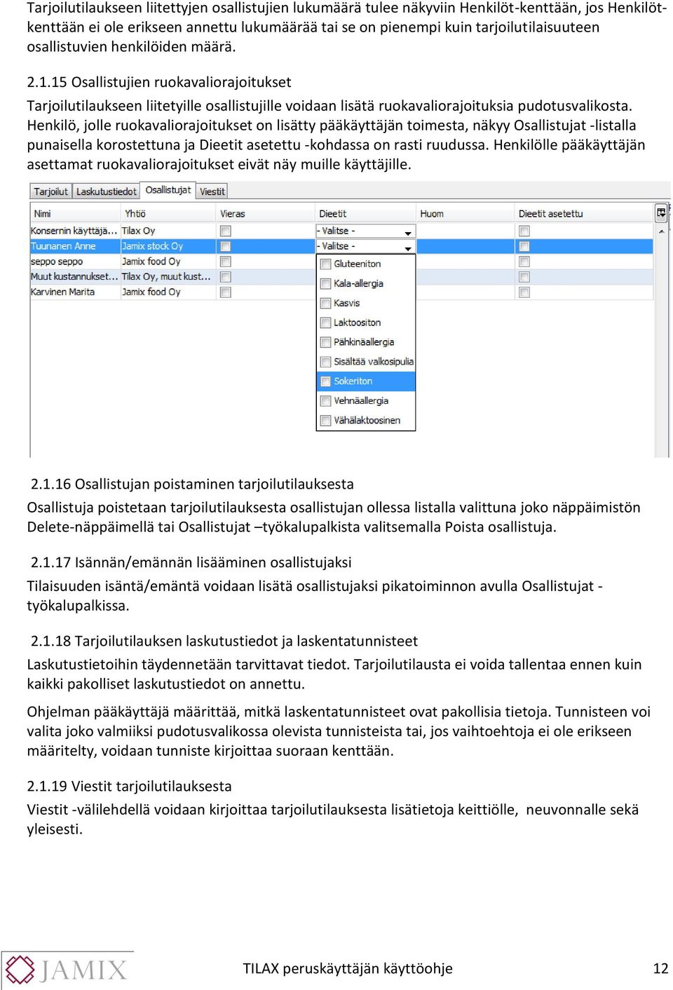 Henkilö, jolle ruokavaliorajoitukset on lisätty pääkäyttäjän toimesta, näkyy Osallistujat -listalla punaisella korostettuna ja Dieetit asetettu -kohdassa on rasti ruudussa.