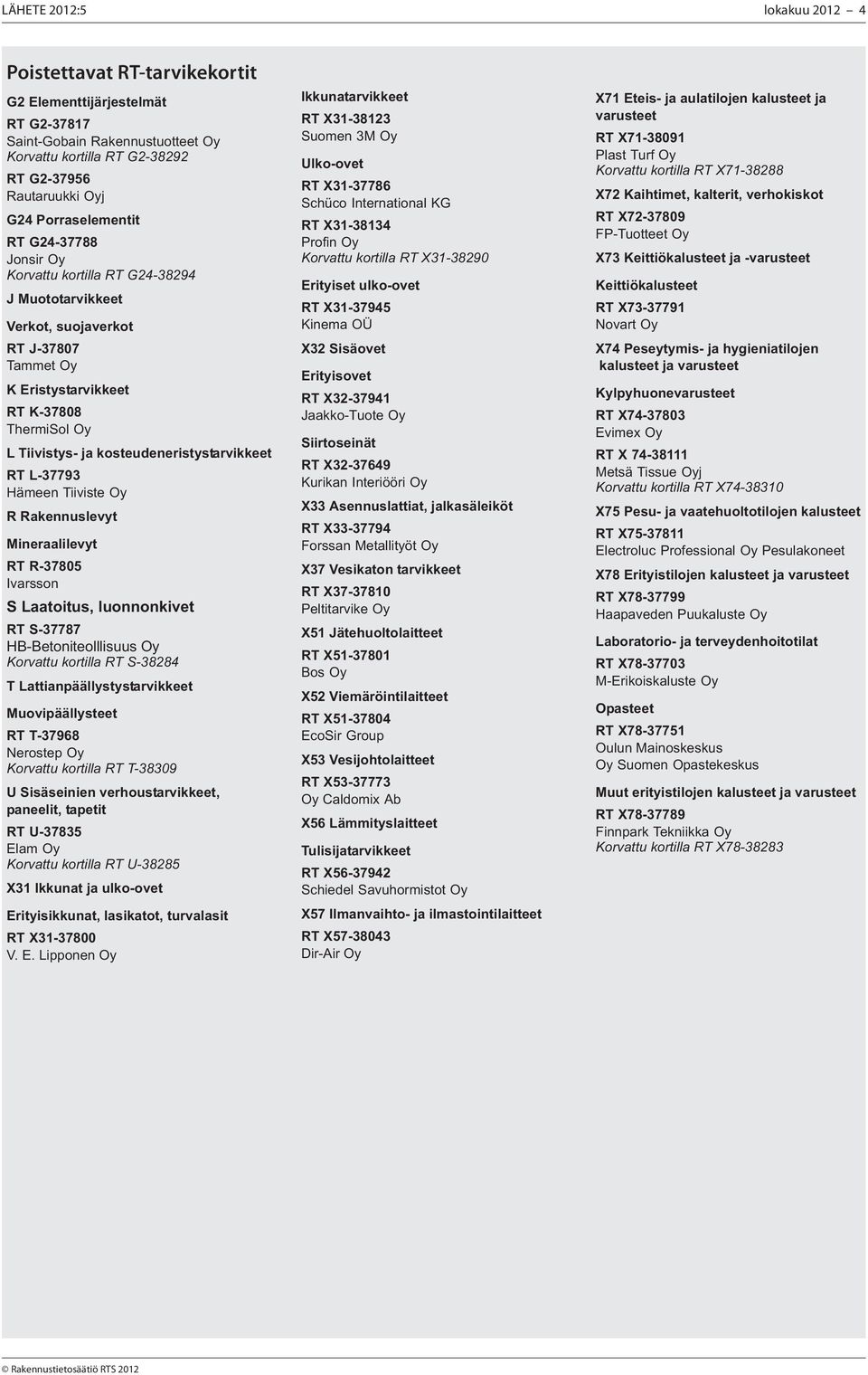 Tiiviste Oy R Rakennuslevyt Mineraalilevyt RT R-37805 Ivarsson S Laatoitus, luonnonkivet RT S-37787 HB-Betoniteolllisuus Oy Korvattu kortilla RT S-38284 T Lattianpäällystystarvikkeet Muovipäällysteet