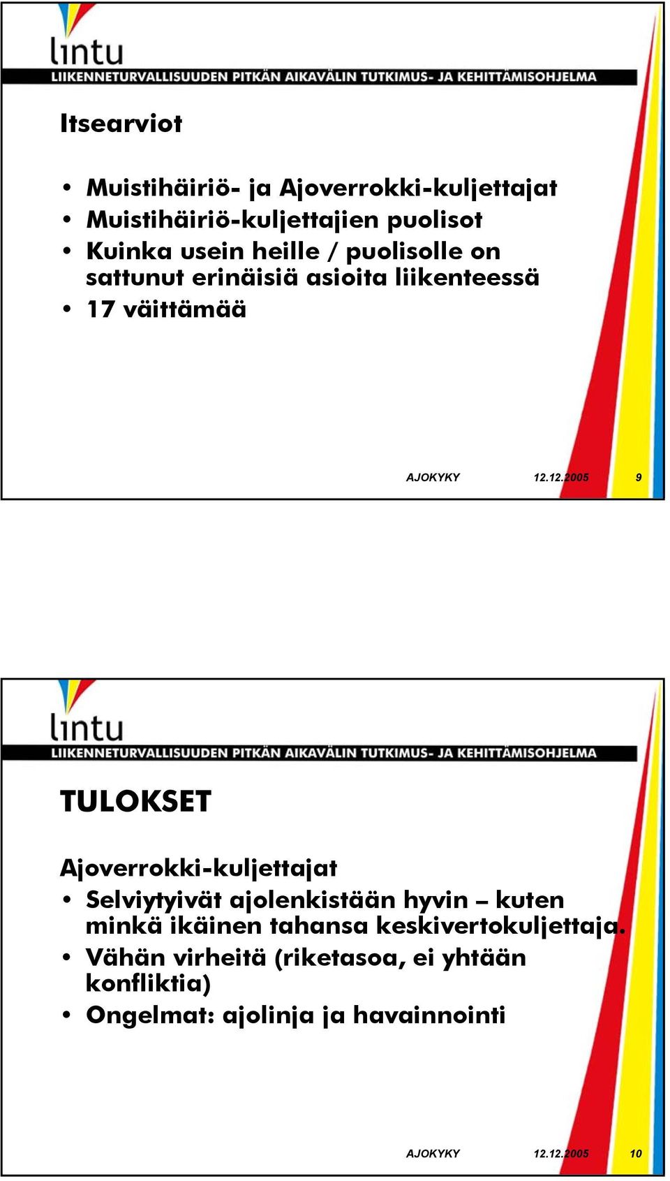 12.2005 9 TULOKSET Ajoverrokki-kuljettajat Selviytyivät ajolenkistään hyvin kuten minkä ikäinen tahansa