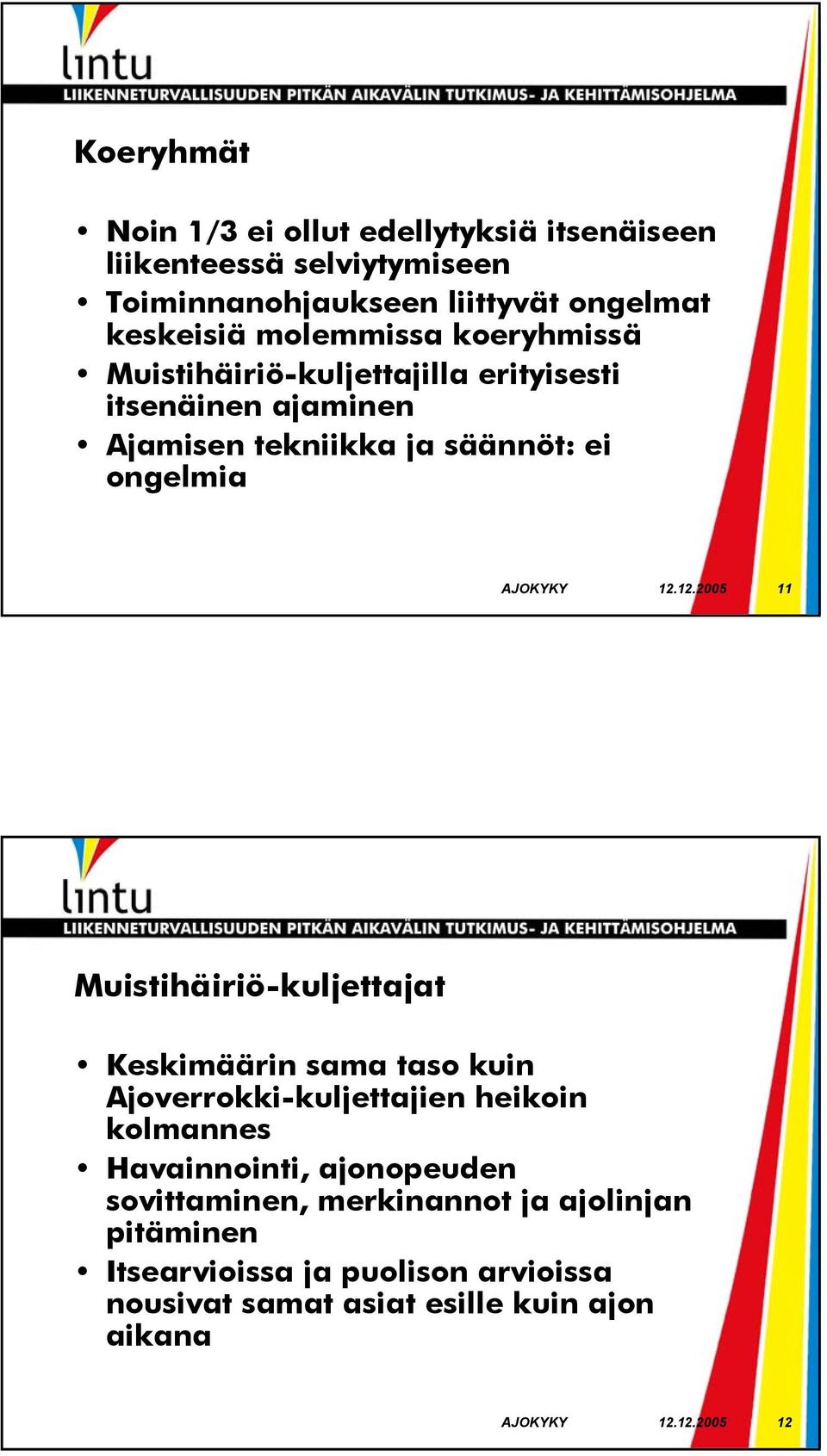 12.2005 11 Muistihäiriö-kuljettajat Keskimäärin sama taso kuin Ajoverrokki-kuljettajien heikoin kolmannes Havainnointi, ajonopeuden