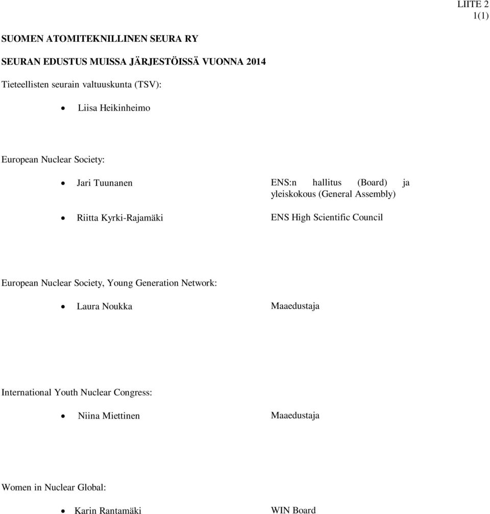 (General Assembly) Riitta Kyrki-Rajamäki ENS High Scientific Council European Nuclear Society, Young Generation Network: