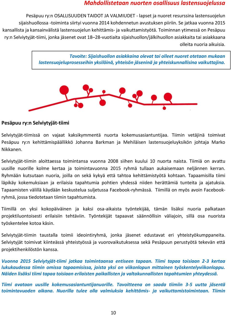 Toiminnan ytimessä on Pesäpuu ry:n Selviytyjät-tiimi, jonka jäsenet ovat 18 28-vuotiaita sijaishuollon/jälkihuollon asiakkaita tai asiakkaana olleita nuoria aikuisia.