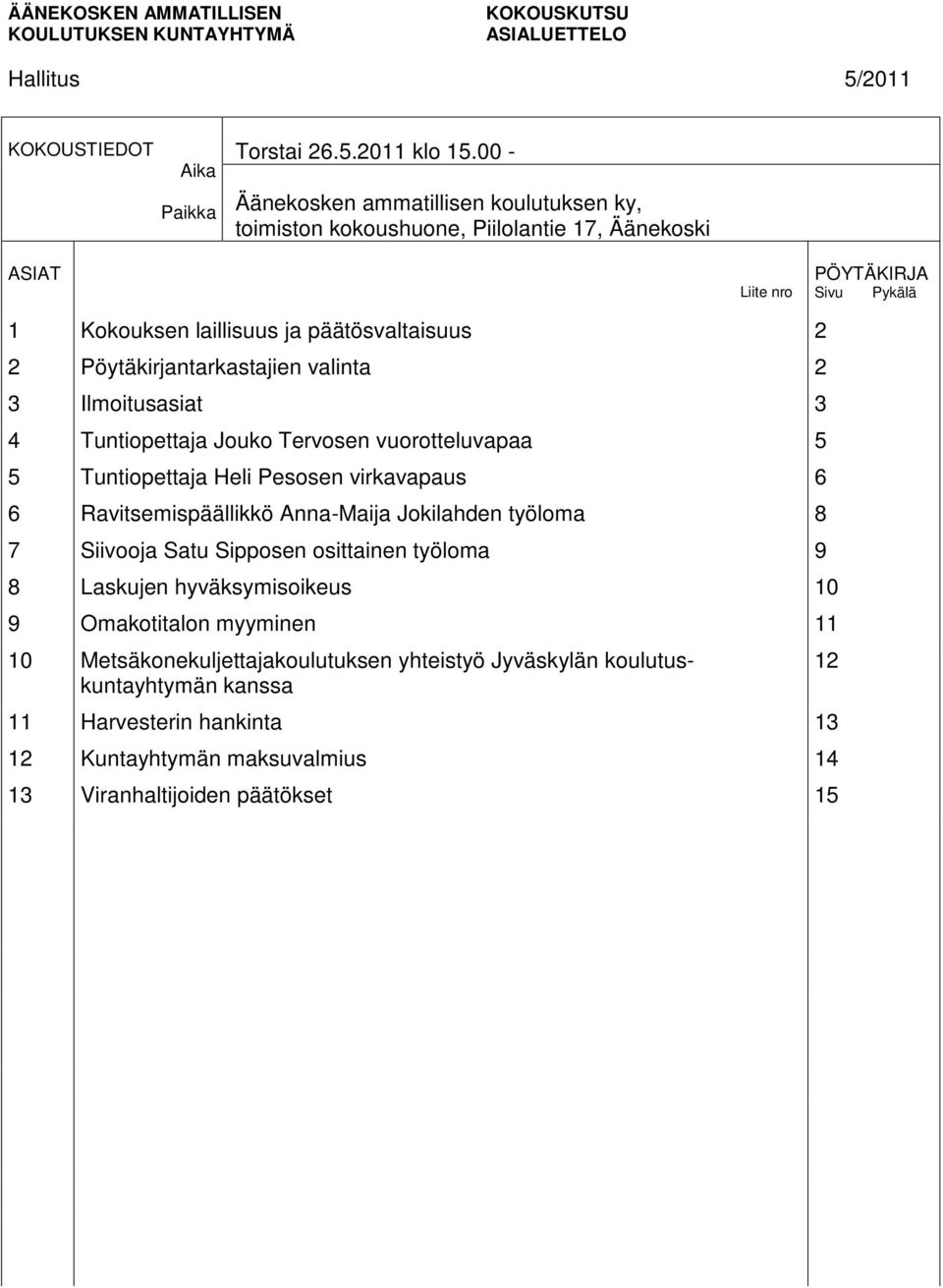 2 3 Ilmoitusasiat 3 4 Tuntiopettaja Jouko Tervosen vuorotteluvapaa 5 5 Tuntiopettaja Heli Pesosen virkavapaus 6 6 Ravitsemispäällikkö Anna-Maija Jokilahden työloma 8 7 Siivooja Satu