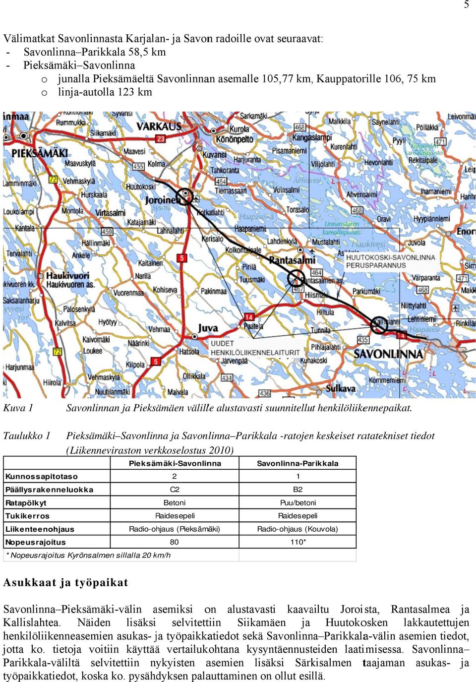 Taulukko 1 Pieksämäki Savonlinna ja Savonlinna Parikkala -ratojenn keskeiset ratatekniset tiedot (Liikenneviraston verkkoselostus 2010) Pieksämäki-Savonlinna Savonlinna-Pa rikkala Kunnossapitotaso
