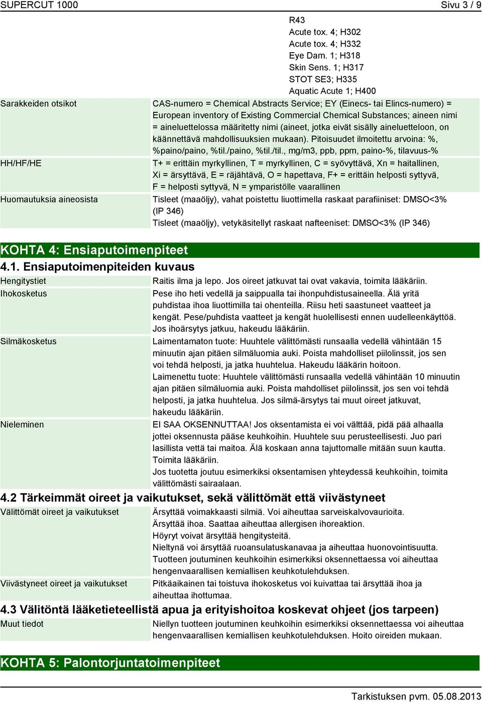 Substances; aineen nimi = aineluettelossa määritetty nimi (aineet, jotka eivät sisälly aineluetteloon, on käännettävä mahdollisuuksien mukaan). Pitoisuudet ilmoitettu arvoina: %, %paino/paino, %til.