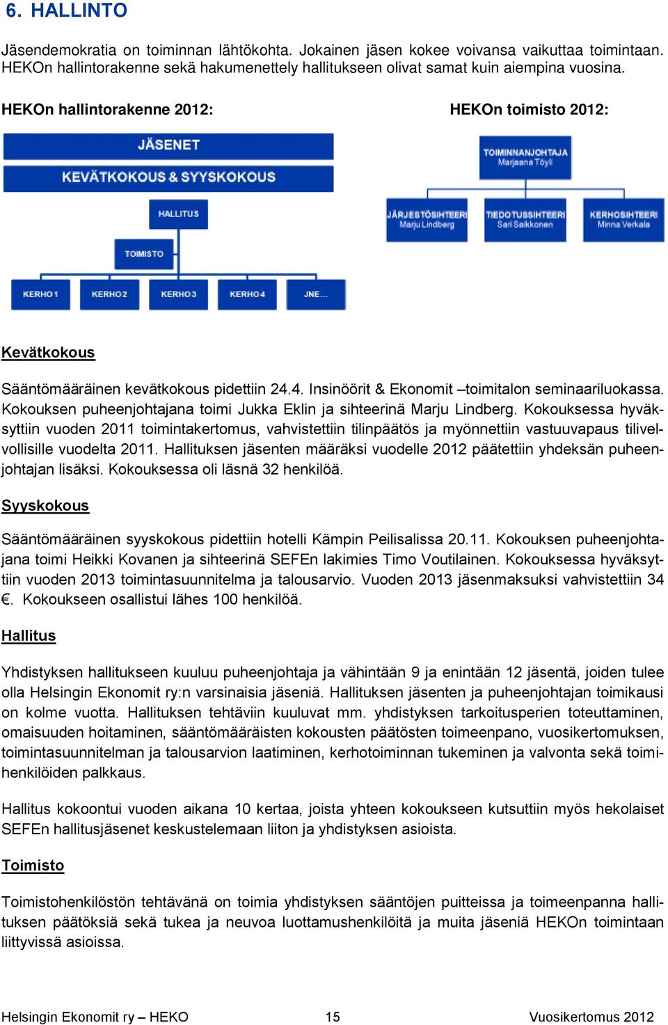 Kokouksen puheenjohtajana toimi Jukka Eklin ja sihteerinä Marju Lindberg.