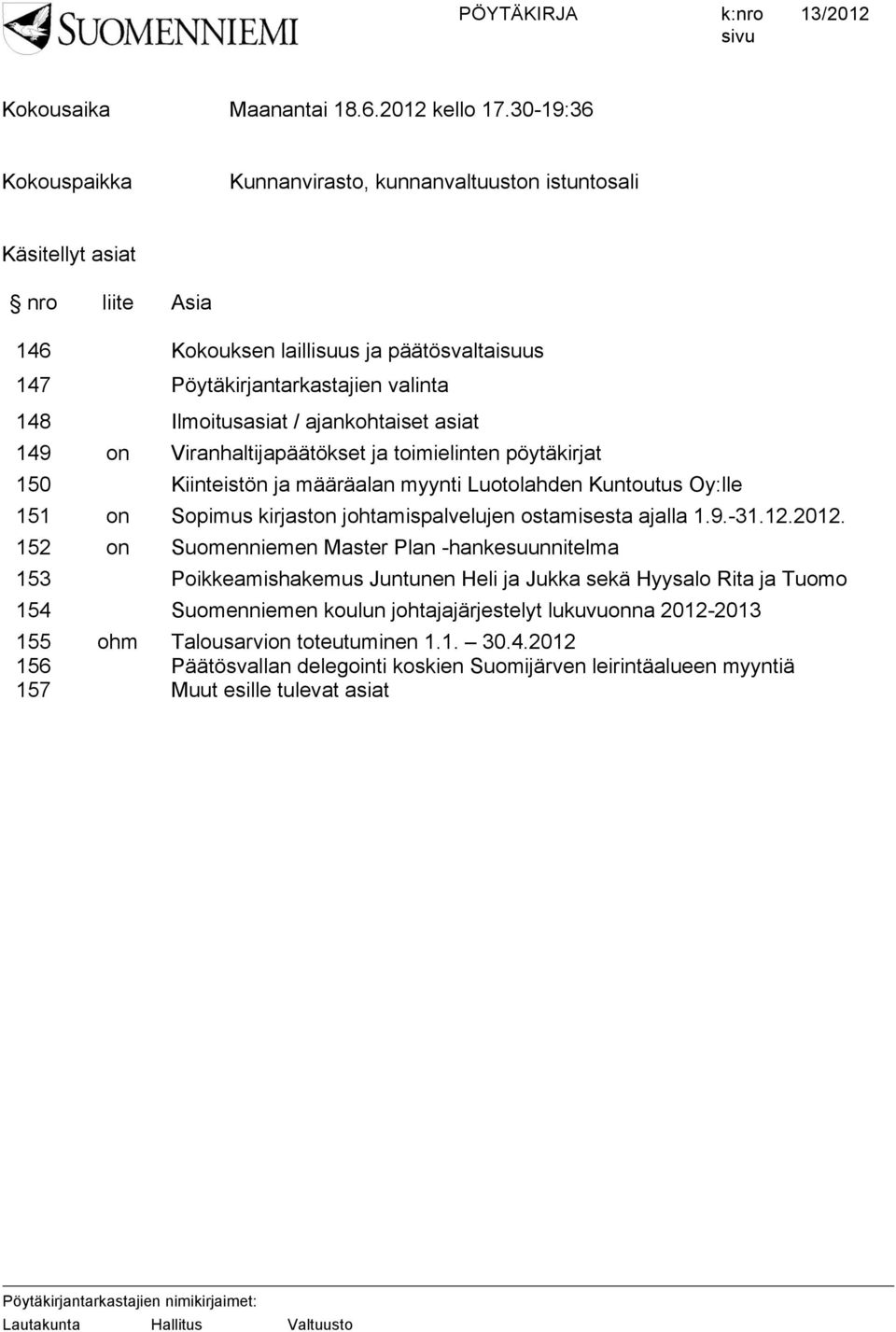 / ajankohtaiset asiat 149 on Viranhaltijapäätökset ja toimielinten pöytäkirjat 150 Kiinteistön ja määräalan myynti Luotolahden Kuntoutus Oy:lle 151 on Sopimus kirjaston johtamispalvelujen