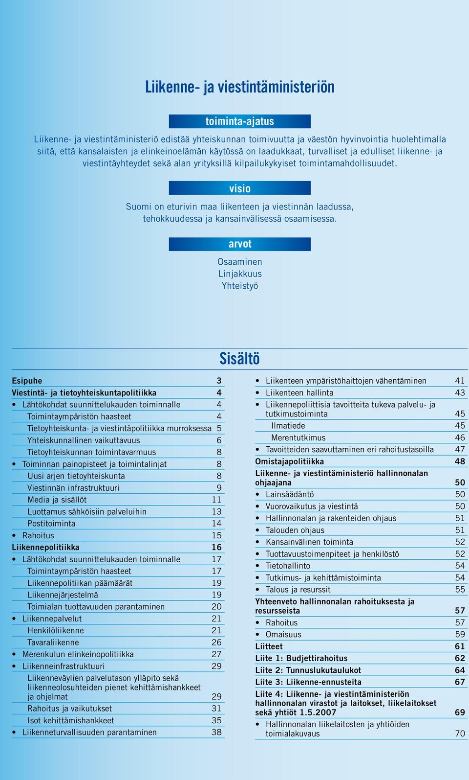 visio Suomi on eturivin maa liikenteen ja viestinnän laadussa, tehokkuudessa ja kansainvälisessä osaamisessa.