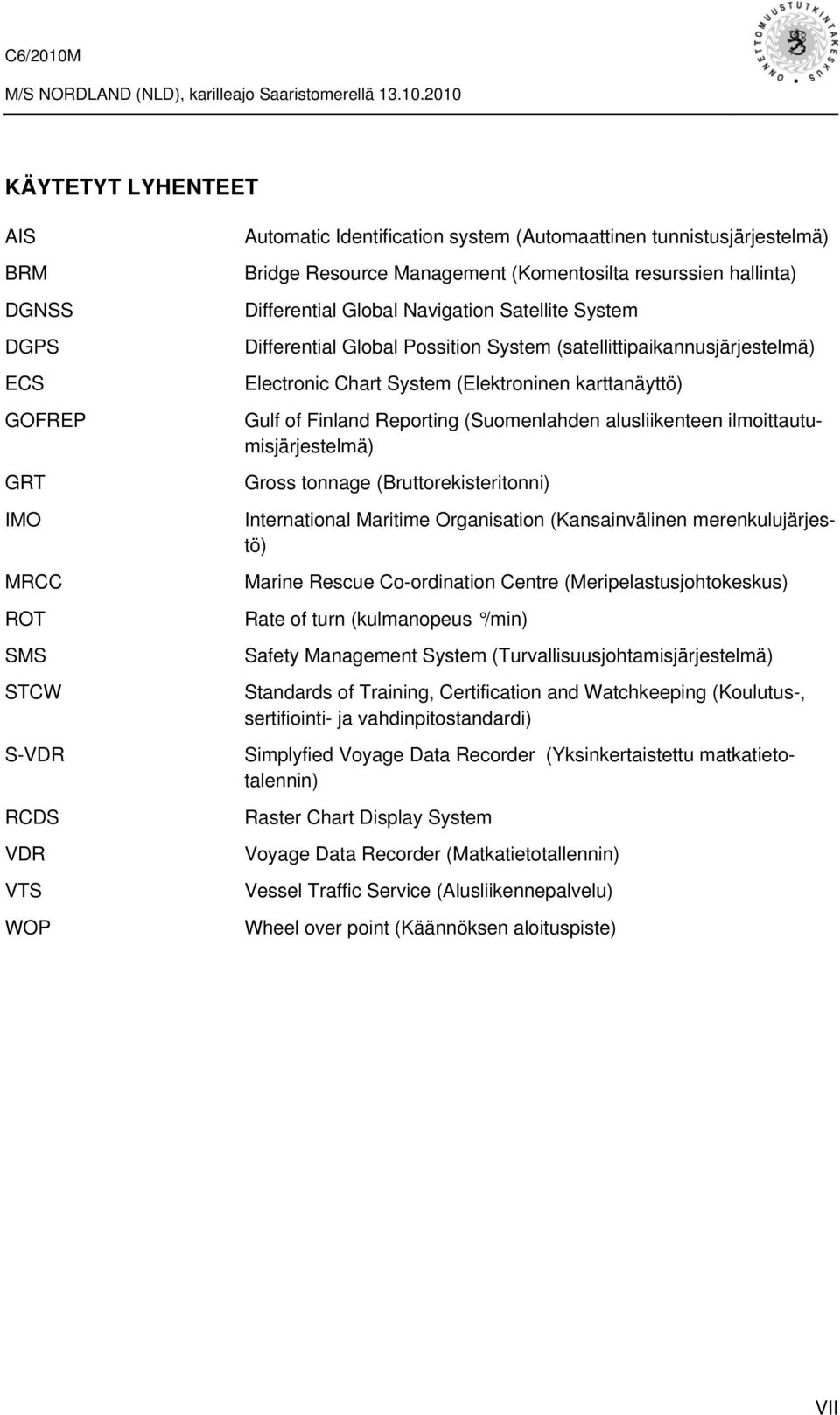 karttanäyttö) Gulf of Finland Reporting (Suomenlahden alusliikenteen ilmoittautumisjärjestelmä) Gross tonnage (Bruttorekisteritonni) International Maritime Organisation (Kansainvälinen