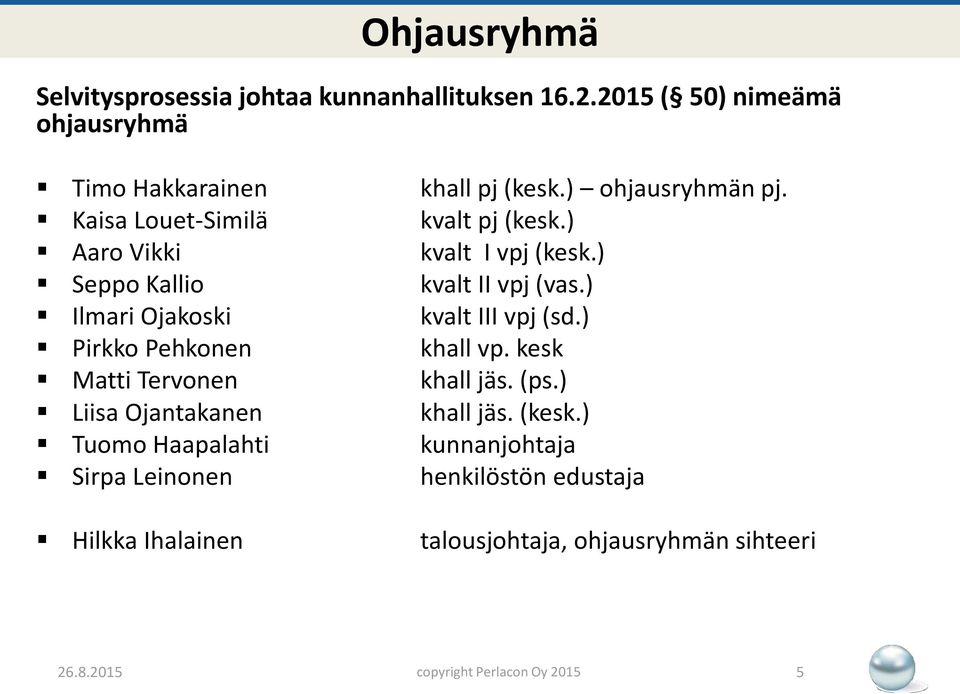 ) Ilmari Ojakoski kvalt III vpj (sd.) Pirkko Pehkonen khall vp. kesk Matti Tervonen khall jäs. (ps.) Liisa Ojantakanen khall jäs.