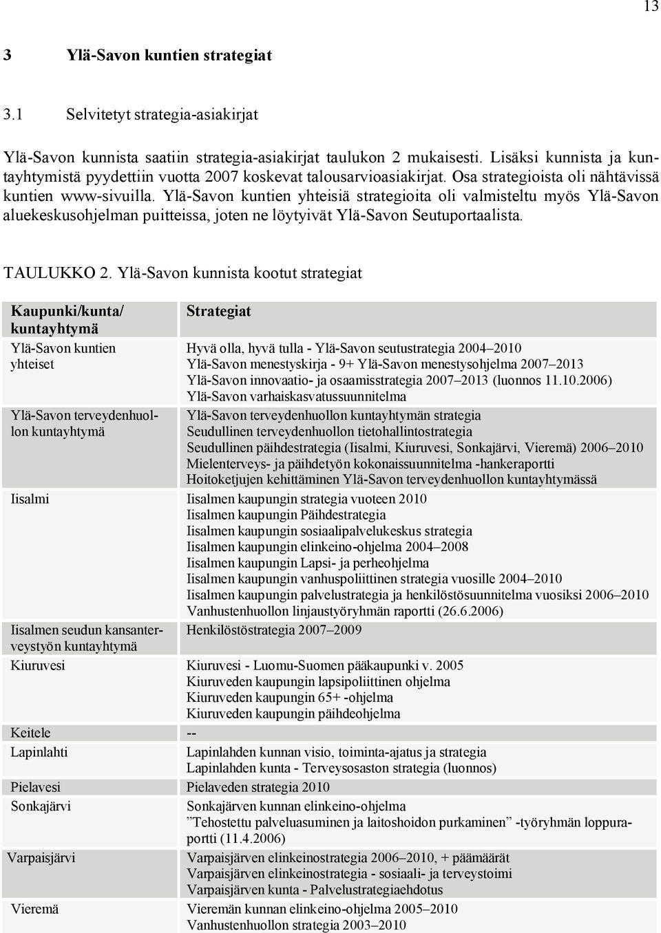 Ylä-Savon kuntien yhteisiä strategioita oli valmisteltu myös Ylä-Savon aluekeskusohjelman puitteissa, joten ne löytyivät Ylä-Savon Seutuportaalista. TAULUKKO 2.