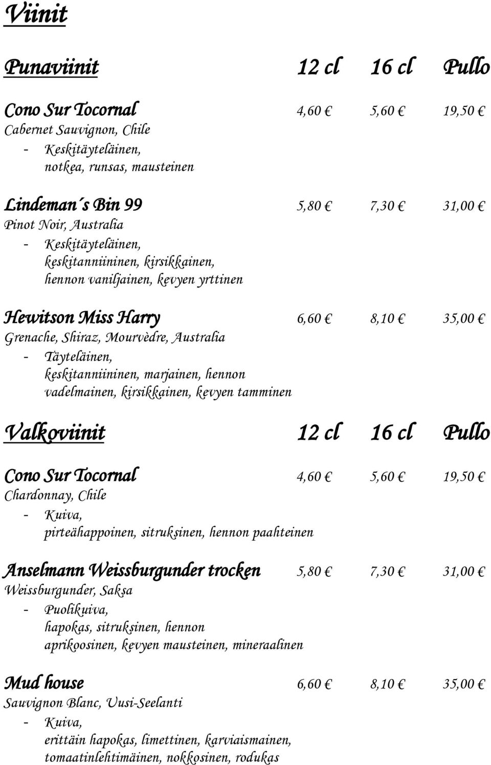 marjainen, hennon vadelmainen, kirsikkainen, kevyen tamminen Valkoviinit 12 cl 16 cl Pullo Cono Sur Tocornal 4,60 5,60 19,50 Chardonnay, Chile - Kuiva, pirteähappoinen, sitruksinen, hennon paahteinen