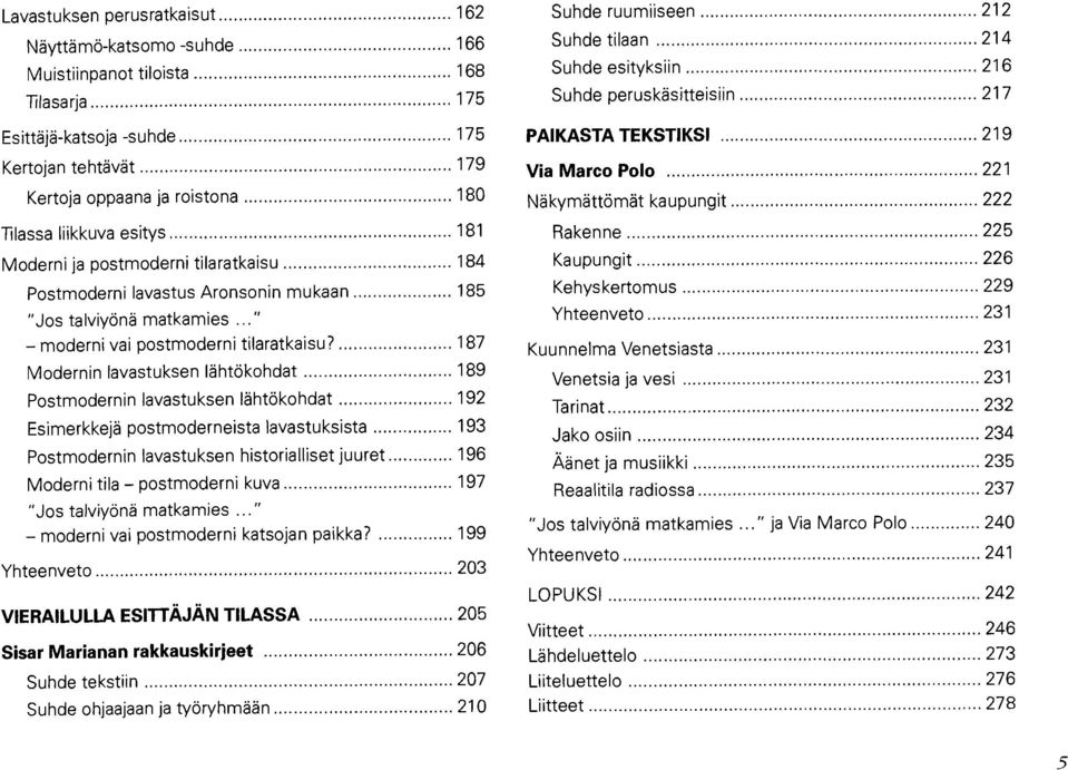 187 Modernin lavastuksen lähtökohdat 189 Postmodernin lavastuksen lähtökohdat 192 Esimerkkejä postmoderneista lavastuksista 193 Postmodernin lavastuksen historialliset juuret 196 Moderni tila -