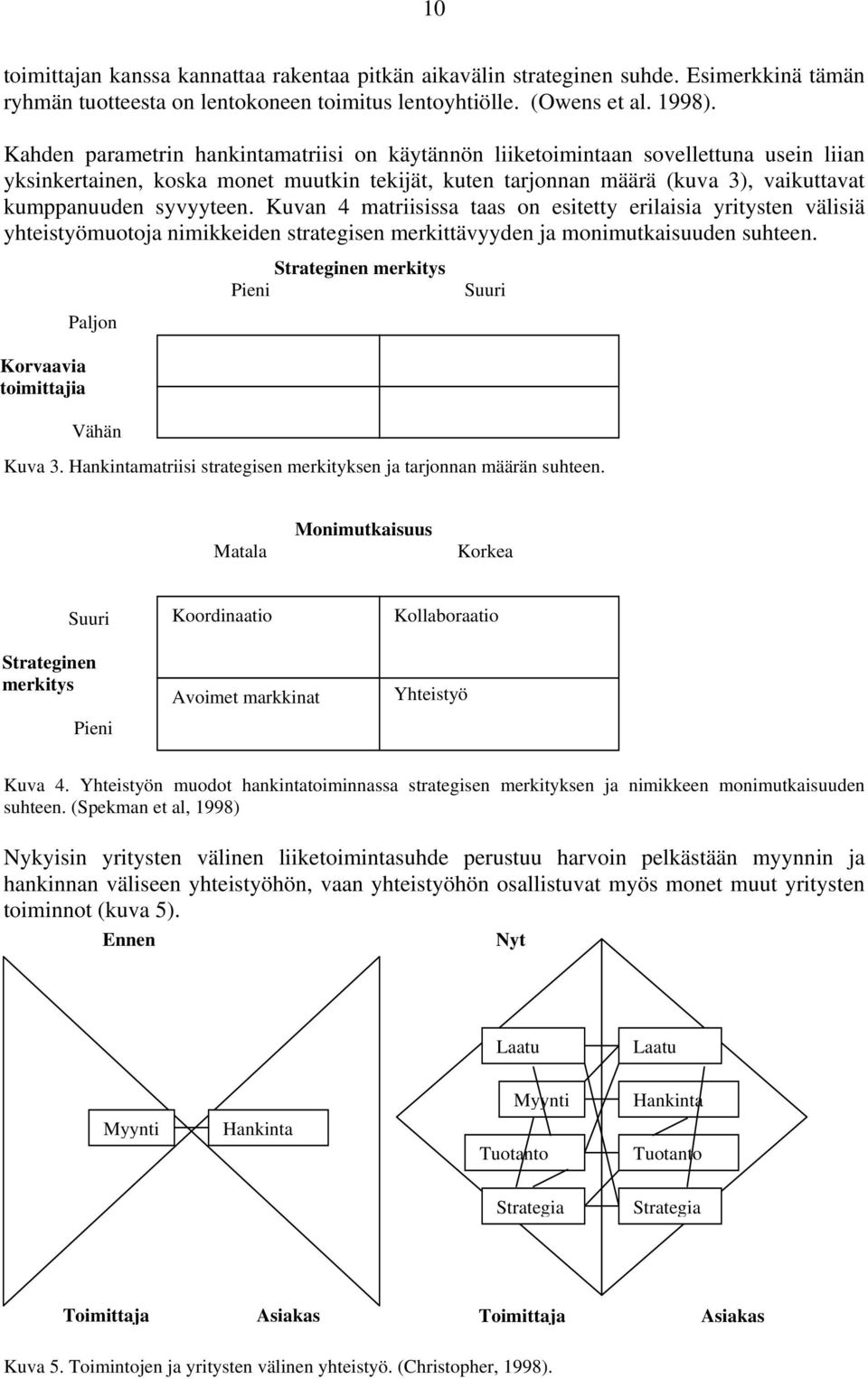 syvyyteen. Kuvan 4 matriisissa taas on esitetty erilaisia yritysten välisiä yhteistyömuotoja nimikkeiden strategisen merkittävyyden ja monimutkaisuuden suhteen.