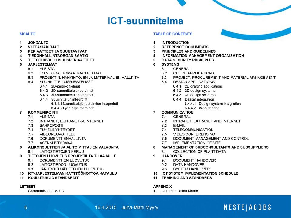 4.4 Suunnittelun integrointi 6.4.4.1Suunnittelujärjestelmien integrointi 6.4.4.2Työn hajauttaminen 7 KOMMUNIKOINTI 7.1 YLEISTÄ 7.2 INTRANET, EXTRANET JA INTERNET 7.3 SÄHKÖPOSTI 7.4 PUHELINYHTEYDET 7.