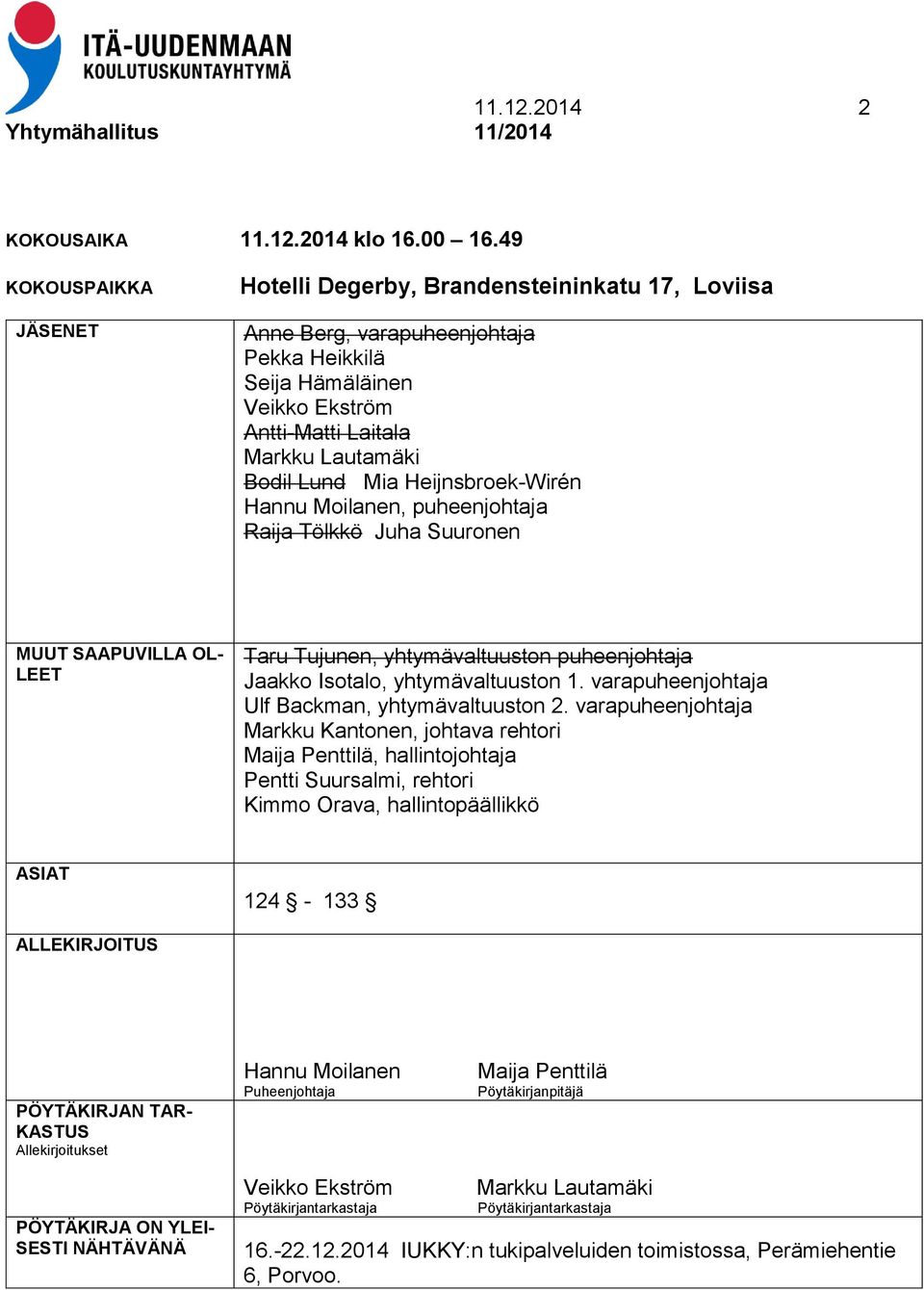 Heijnsbroek-Wirén Hannu Moilanen, puheenjohtaja Raija Tölkkö Juha Suuronen MUUT SAAPUVILLA OL- LEET Taru Tujunen, yhtymävaltuuston puheenjohtaja Jaakko Isotalo, yhtymävaltuuston 1.